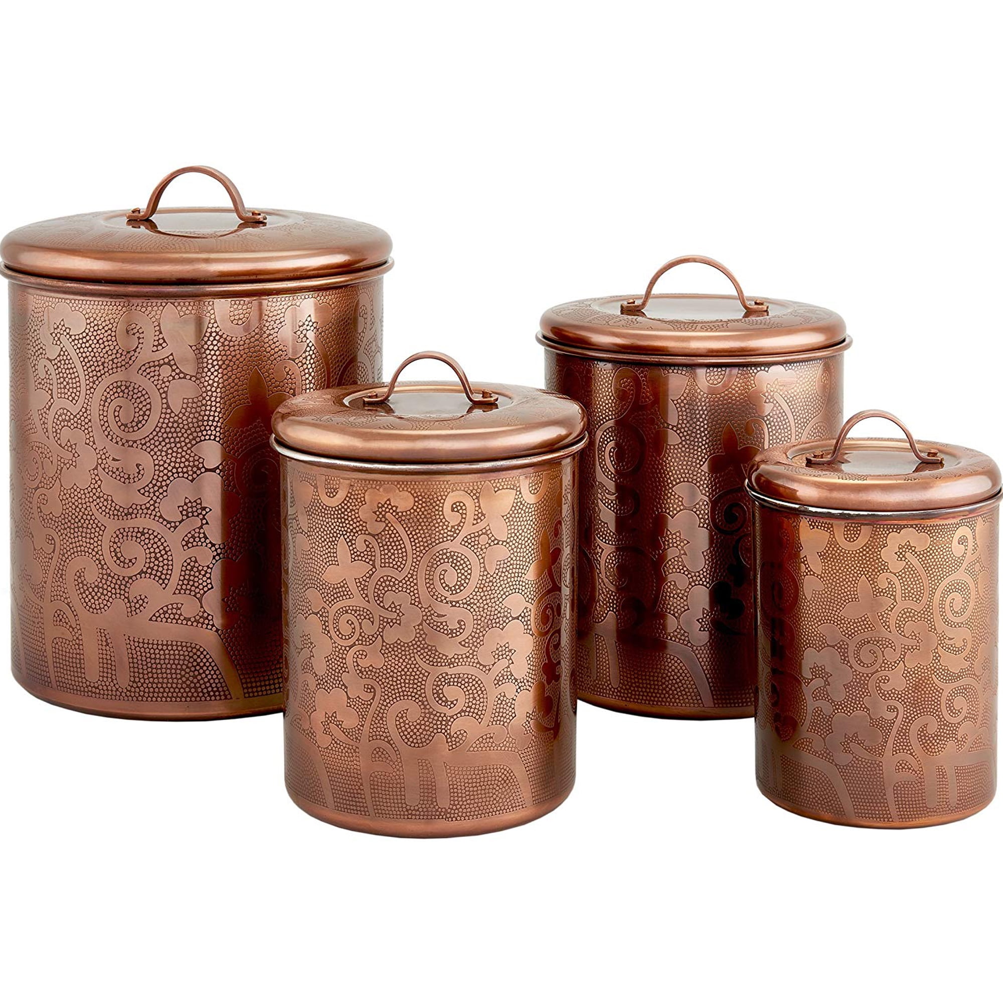 nu steel Etched Antique Copper Stainless Steel 4pc Canister Set, Beautiful Food Storage Container for Kitchen Counter, Tea, Sugar, Coffee, Caddy, Flour Canister with Rubber seal lid, TG-1392AC-SET4