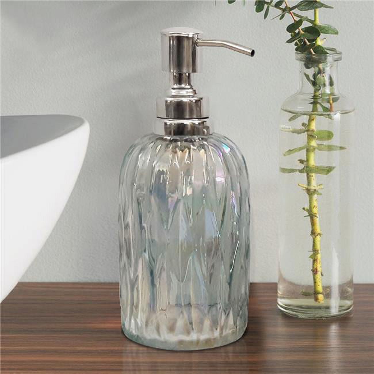 nu steel GLA330-6 Glacier Collection Lotion Pump, Dispenser, Refillable Bottle, Ideal for Liquid Soaps for Bathroom Vanity Countertop Holds Lotion, Liquid Soap, Hand Sanitizer, Rainbow Lustre Finish