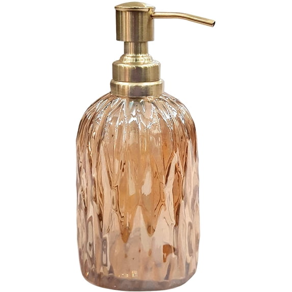nu steel Glacier Amber Collection Glass with gold finish Trim Refillable Liquid Soap Dispenser Pump Bottle for Bathroom Vanity Countertop - Holds Lotion, Liquid Soap, Hand Sanitizer - Amber