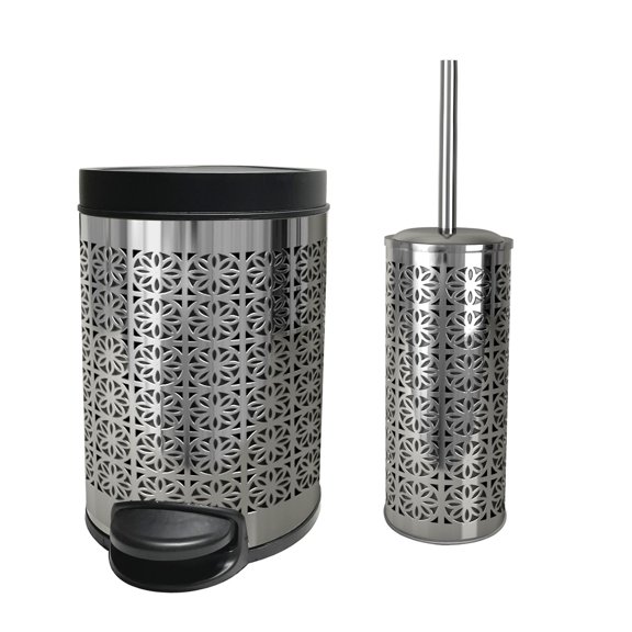 nu steel Laser Cut Chrome Step Garbage Trash Can & Toilet Brush Holder with Lid: 5 liter/1.32 gal for the Kitchen, Bathroom, Bedroom, Patio, RV STP-TBH-03CHR