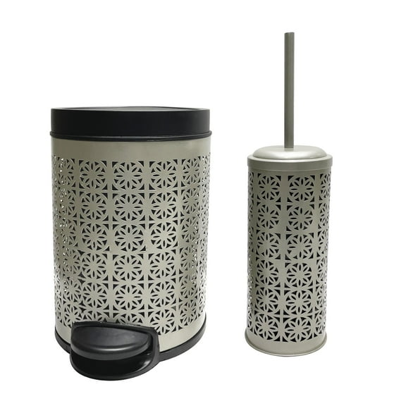 nu steel Laser Cut Pewter Step Garbage Trash Can & Toilet Brush Holder with Lid: 5 liter/1.32 gal for the Kitchen, Bathroom, Bedroom, Patio, RV STP-TBH-03-PWT