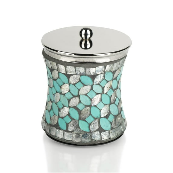nu steel Sea Foam Bright-Colored Mosaic Glass/stainless steel Canister Jar with Lid for Cosmetics and Makeup Storage, Bathroom, Countertop, Desk, and Vanity, Mosaic Glass/stainless steel
