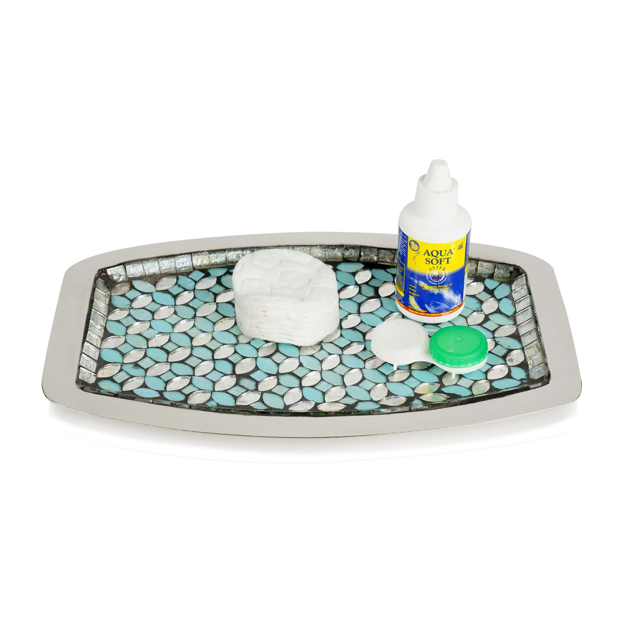 Aqua Blue and Silver Mosaic Glass Vanity Tray