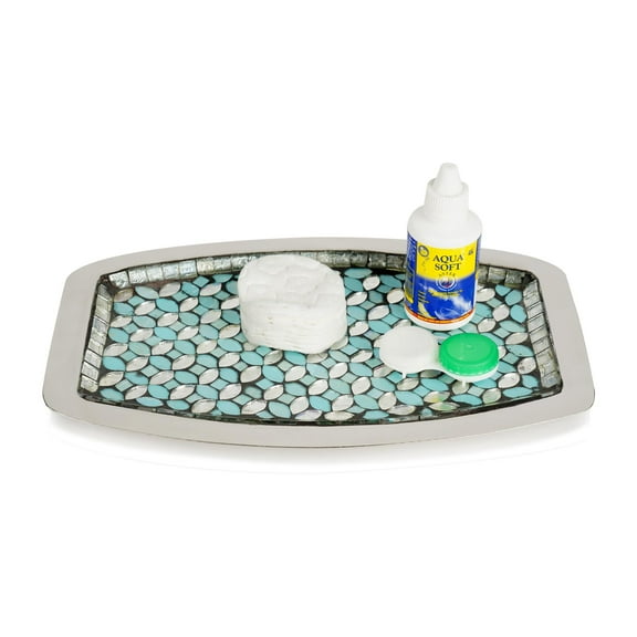 nu steel Sea Foam Bright-Colored Mosaic Glass/stainless steel Vanity Tray Organizer for Makeup Brushes, Tissues, Candles, Soap, Hand Towels, Toilet Paper Storage, Mosaic Glass / steel (SF10H)