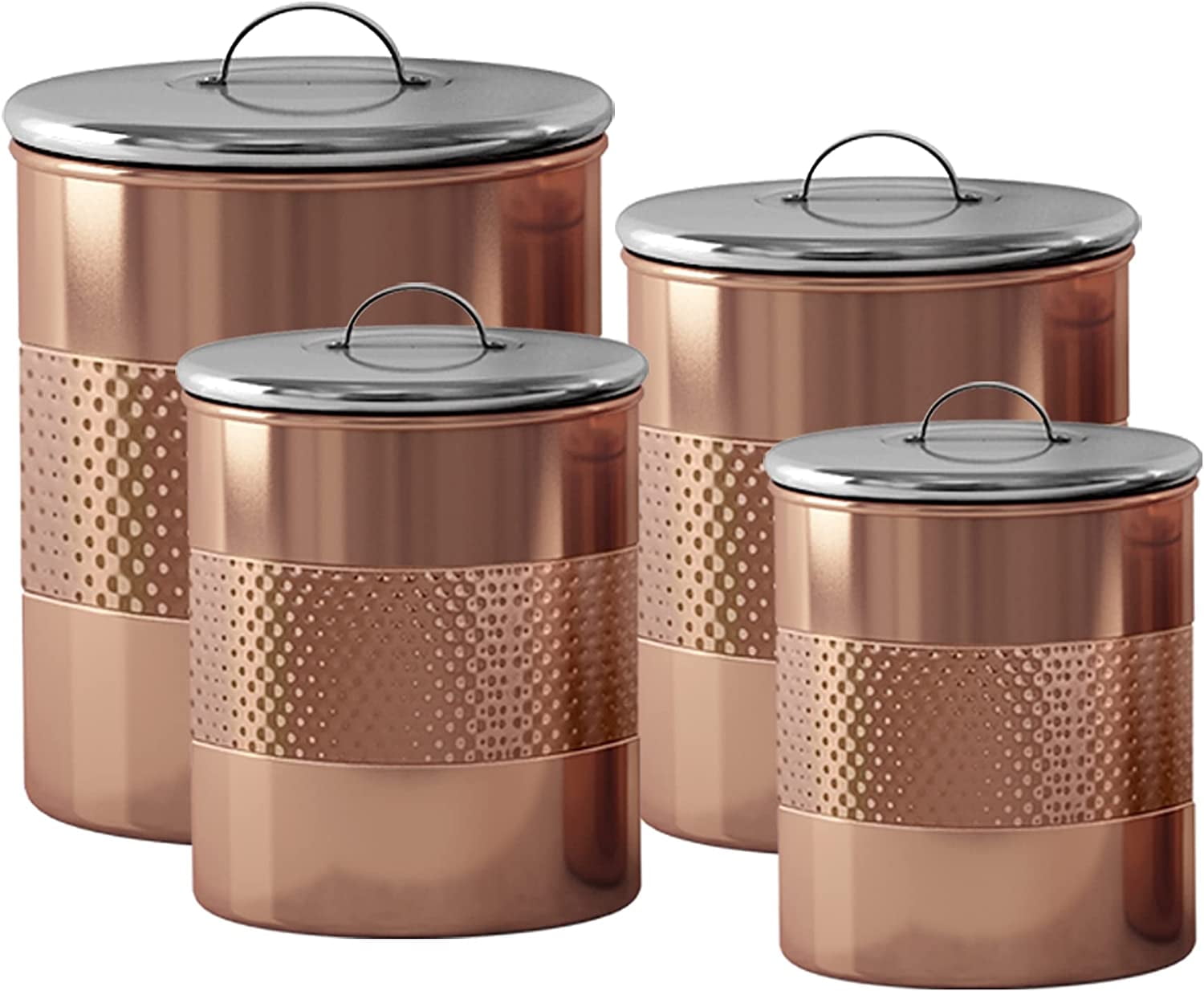 nu steel Set Of 4 Food storage Container Kitchen Hammered Canister Copper & Stainless Steel 1, 1.5, 2, & 4 Quart TG-CH-04C-S4