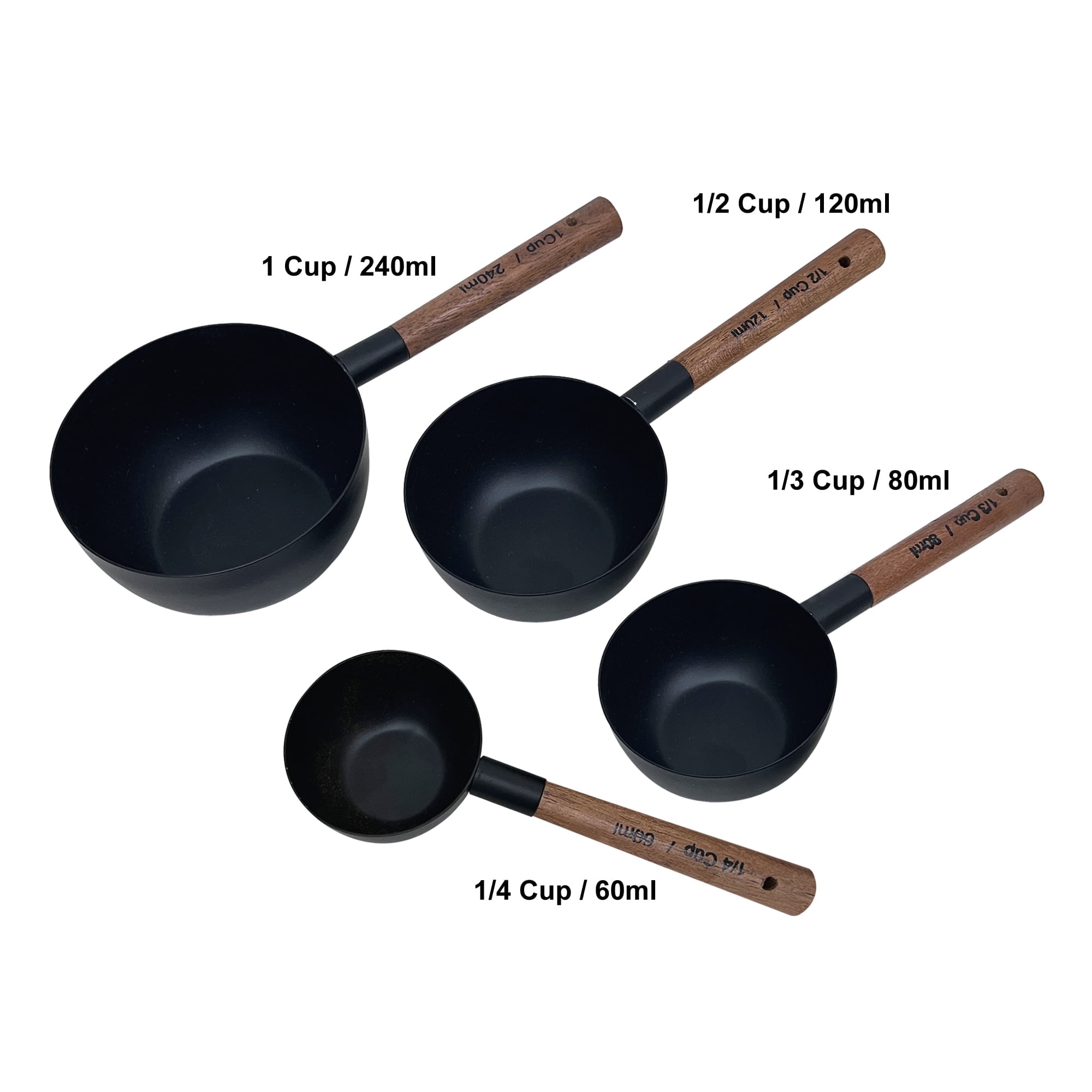 4-Piece Stainless Steel Measuring Cups Set With Wooden Handles - Engraved 1, 1/2, 1/3, 1/4 Cup Measures