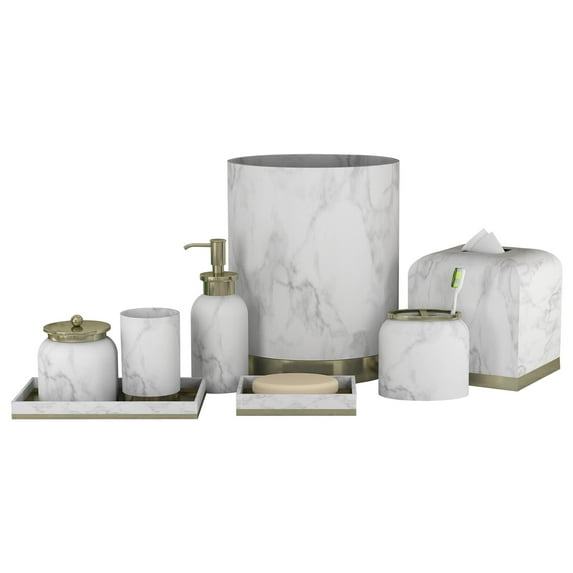 nu steel resin Misty Silver bathroom accessories set, 8 piece Luxury ensemble includes cotton container, soap dish, toothbrush holder, tumbler, soap pump, waste basket, boutique tissue, amenity tray