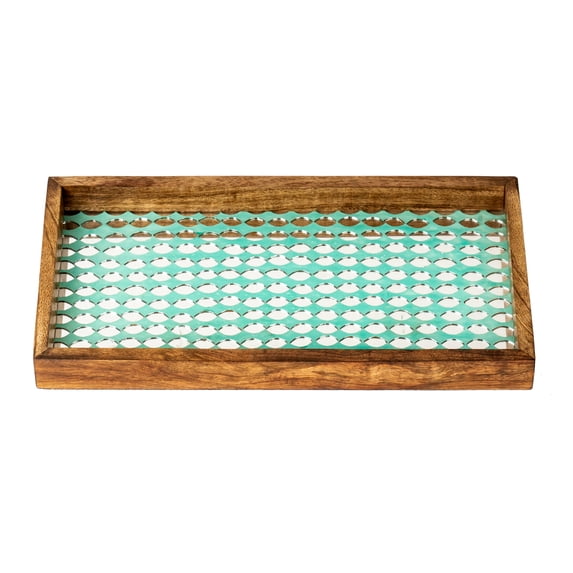 nu steel wooden Tray for Luxurious bath countertop, Holder for Hand Towel, Watch, Makeup Brush, Reading Glass, Perfume, Jewelry, Perfect For Kitchen Counters, Bathrooms, aqua blue