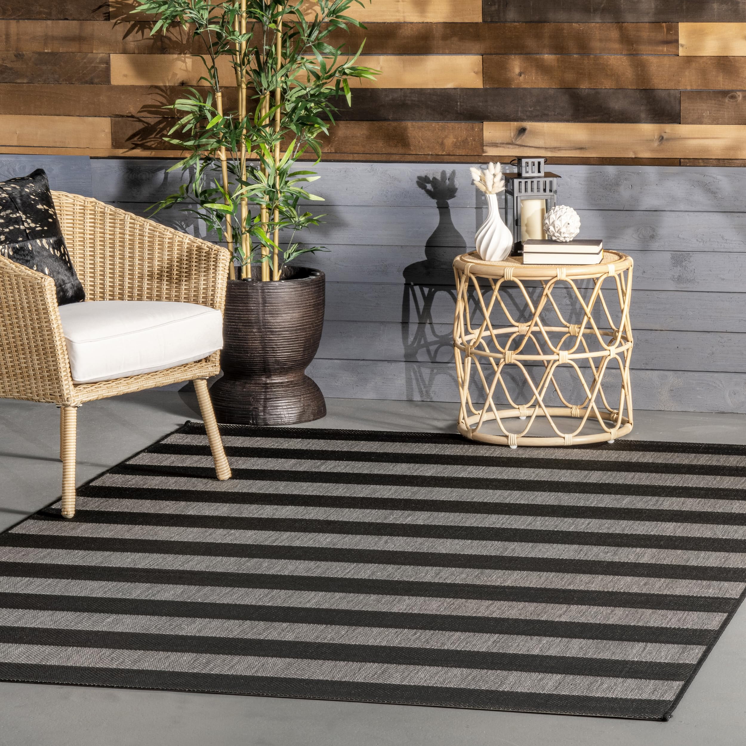 Black and Gray Striped Synthetic Outdoor Area Rug