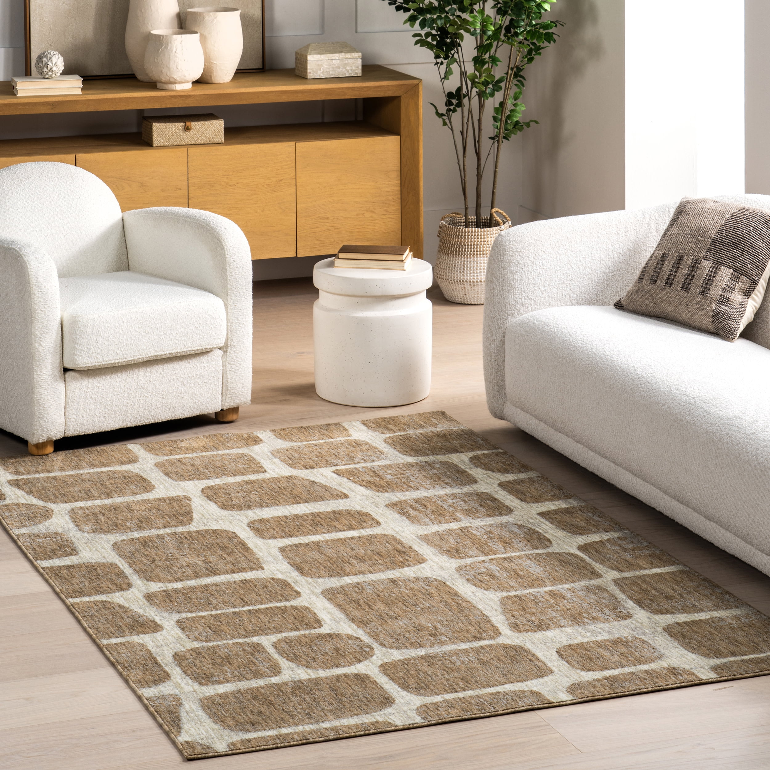 Aadhya Light Brown Geometric 4' x 6' Synthetic Area Rug