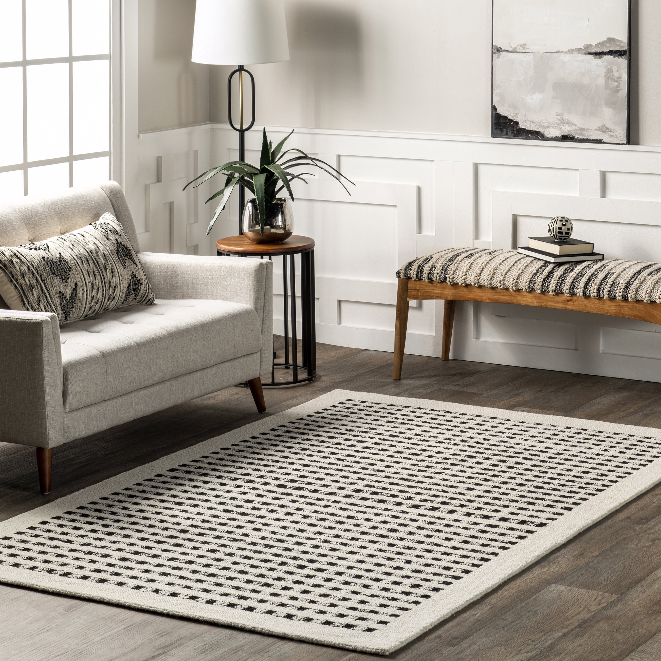 Ivory and Black Wool Handmade Braided Rectangular Area Rug