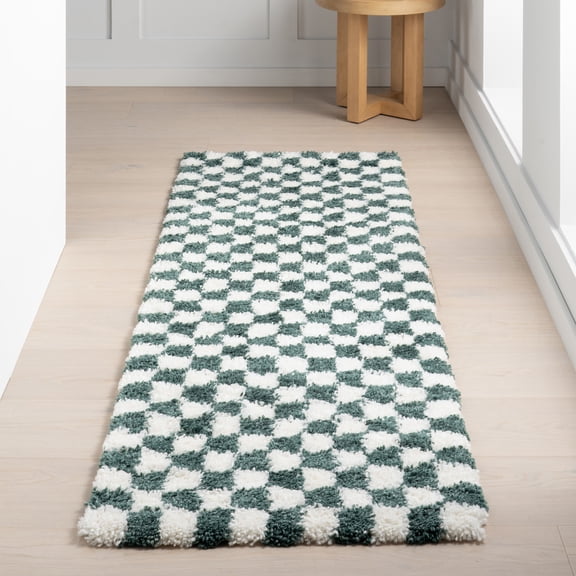 nuLOOM Adelaide Mid-Century Checkered Shag Area Rug, 2' 8" x 8', Runner, Green