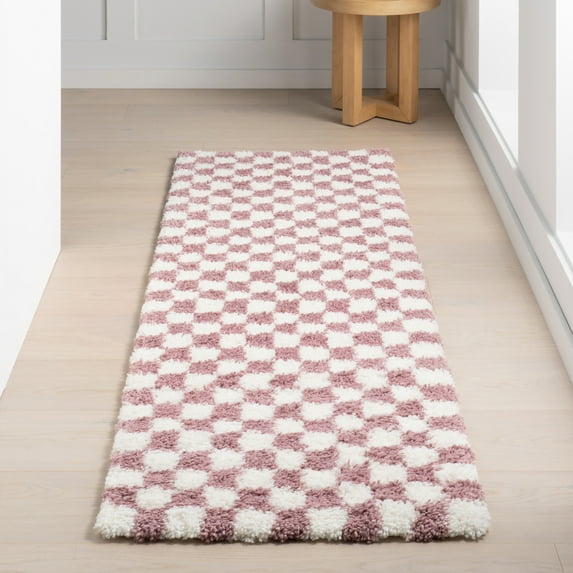 nuLOOM Adelaide Mid-Century Checkered Shag Area Rug, 2' 8" x 8', Runner, Pink