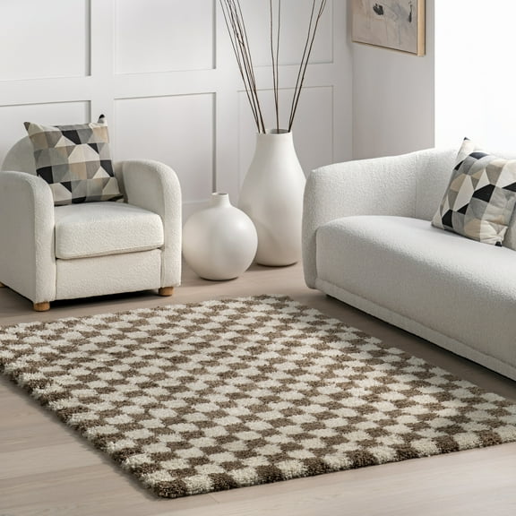 nuLOOM Adelaide Mid-Century Checkered Shag Area Rug, 8' 10" x 12', Beige