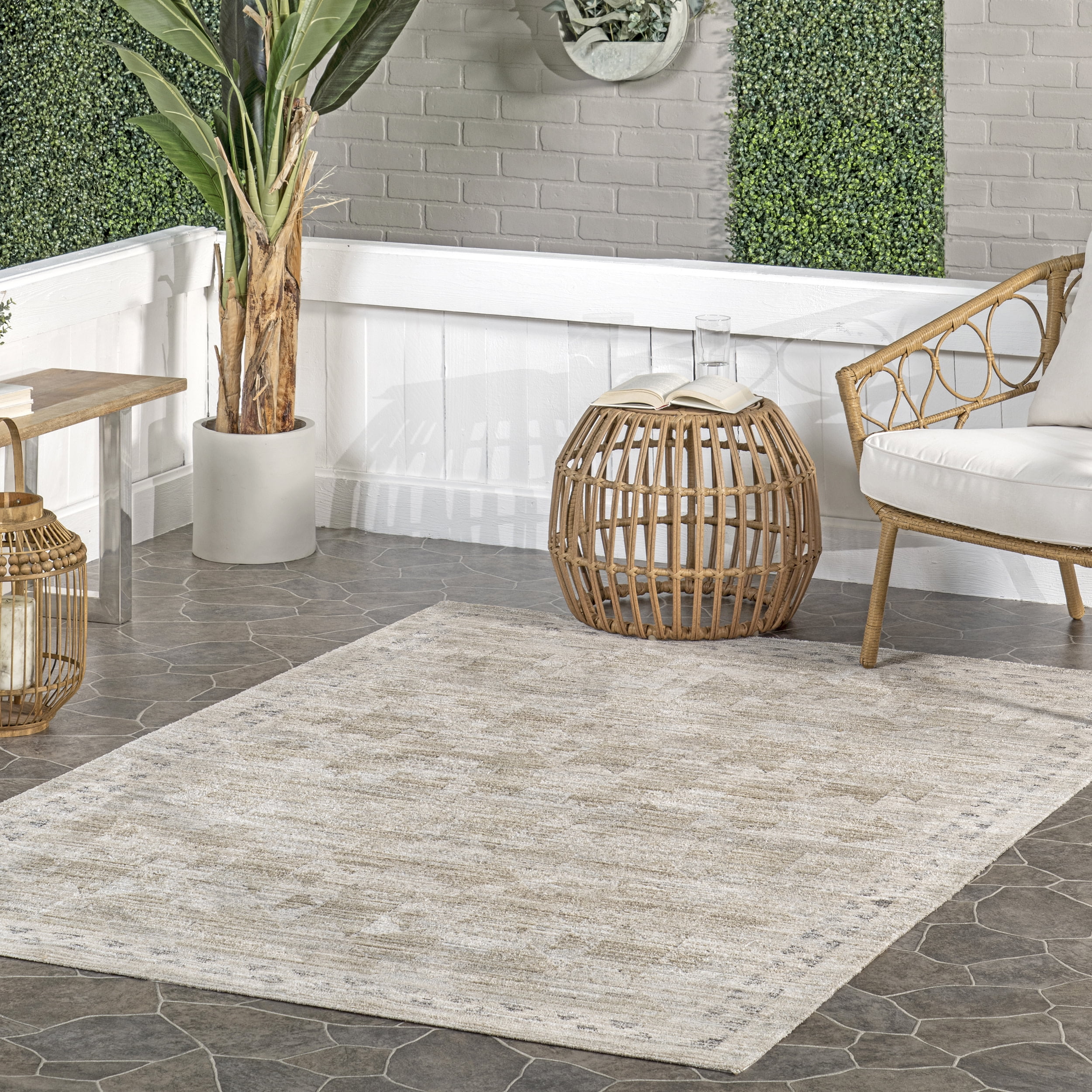 Beige Geometric Bordered 4' x 6' Washable Synthetic Area Rug