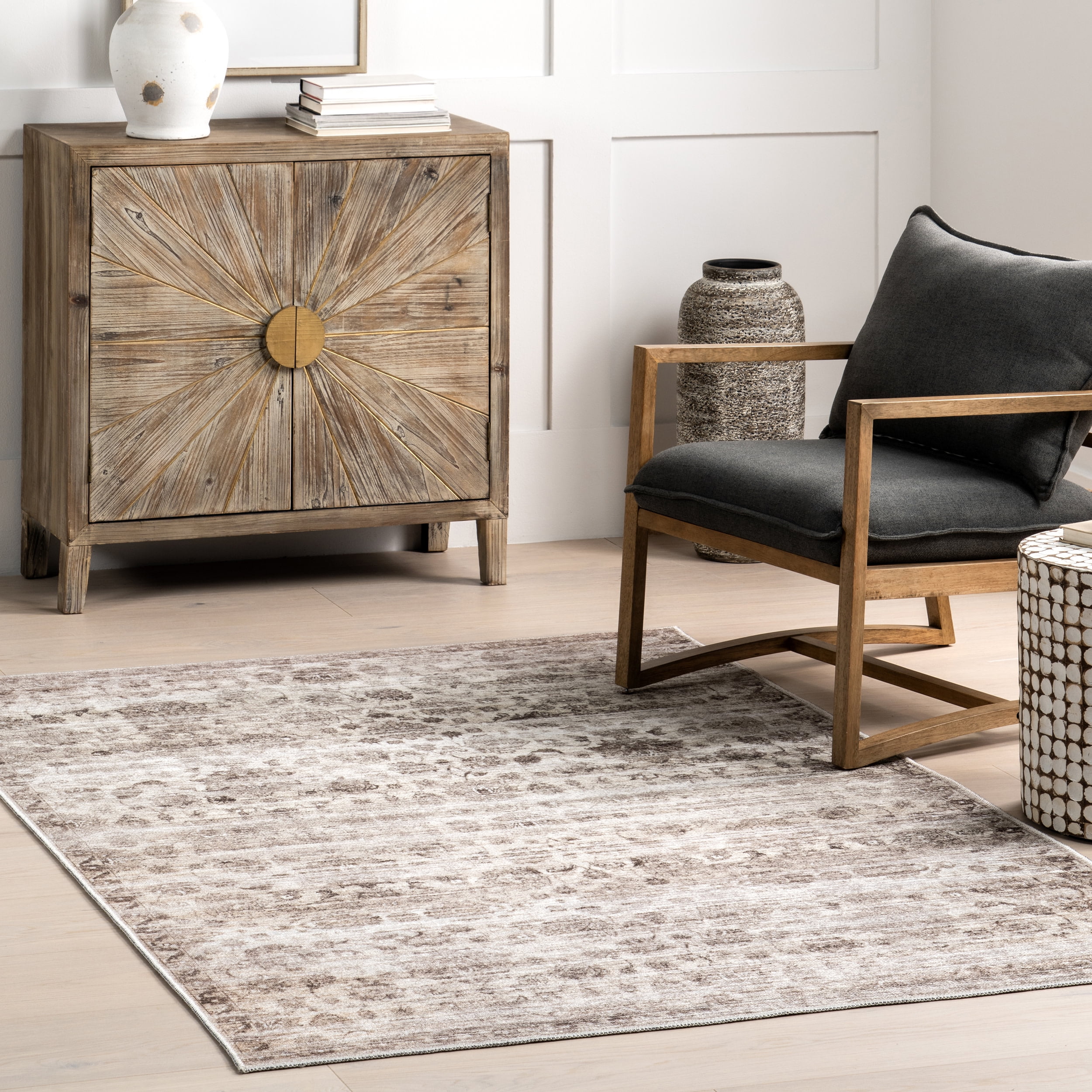 Gray Floral Synthetic Non-slip Washable Rectangular Rug, 4' x 6'