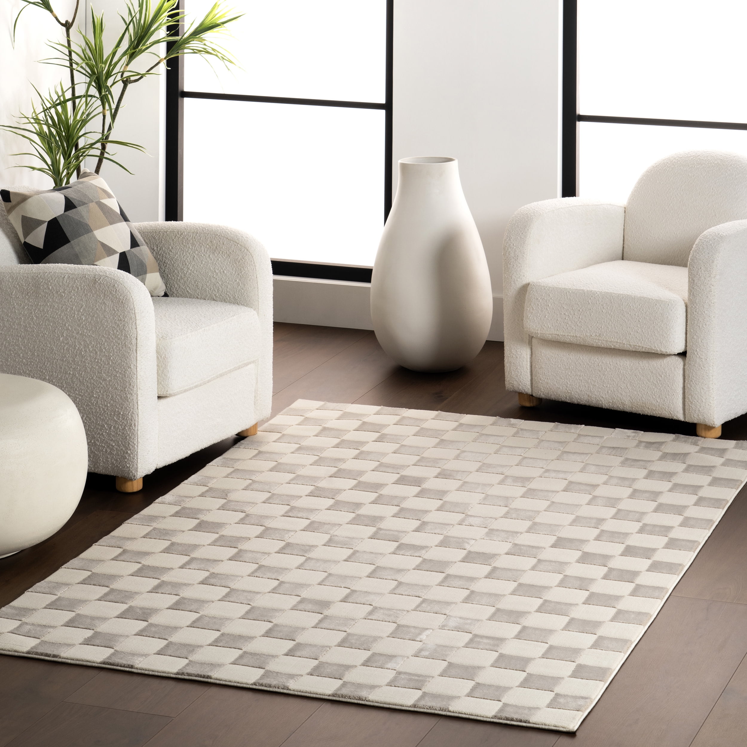 Cream and Gray Checkered Machine Washable Synthetic Area Rug