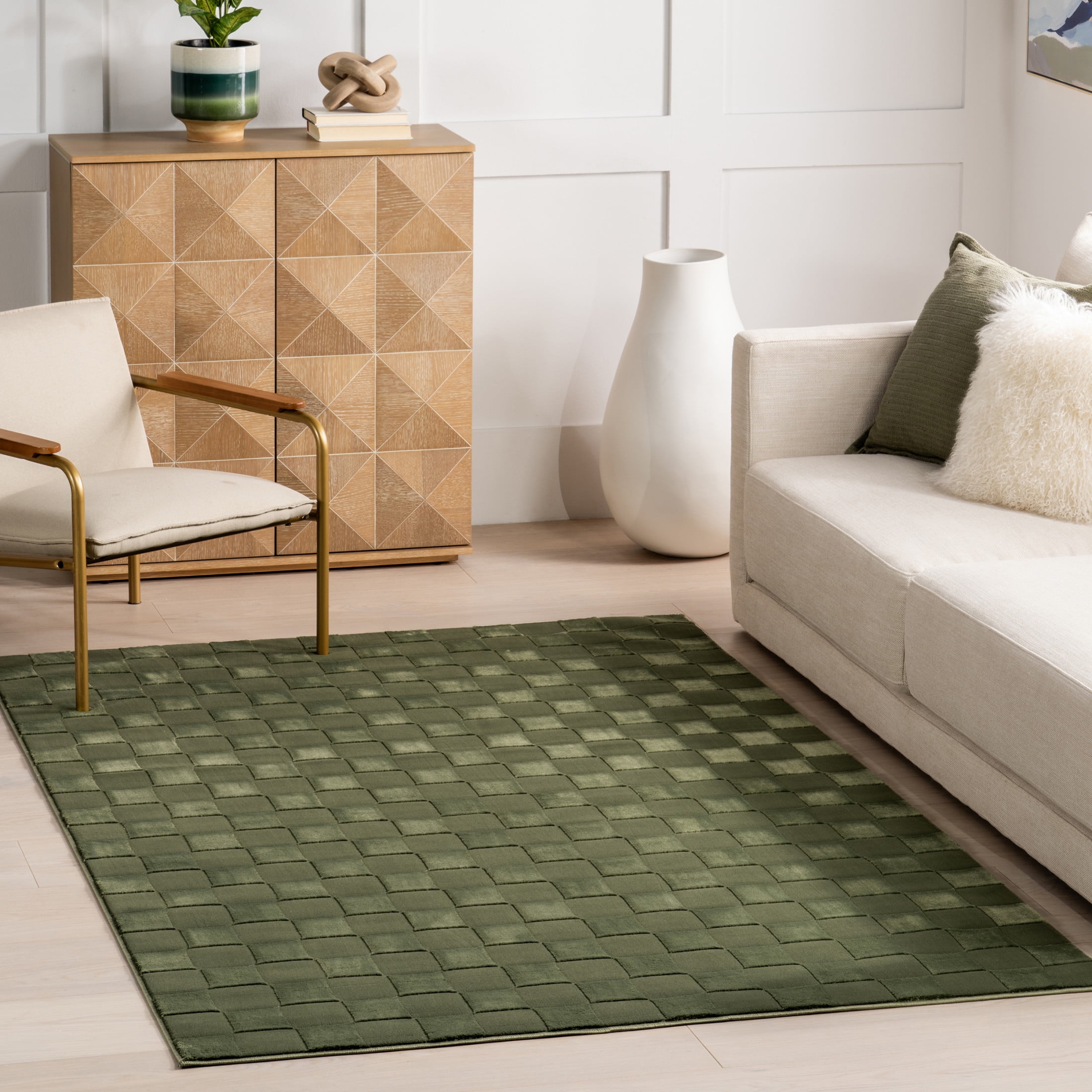 Alaiya Green Checkered Machine Washable Synthetic 4' x 6' Area Rug