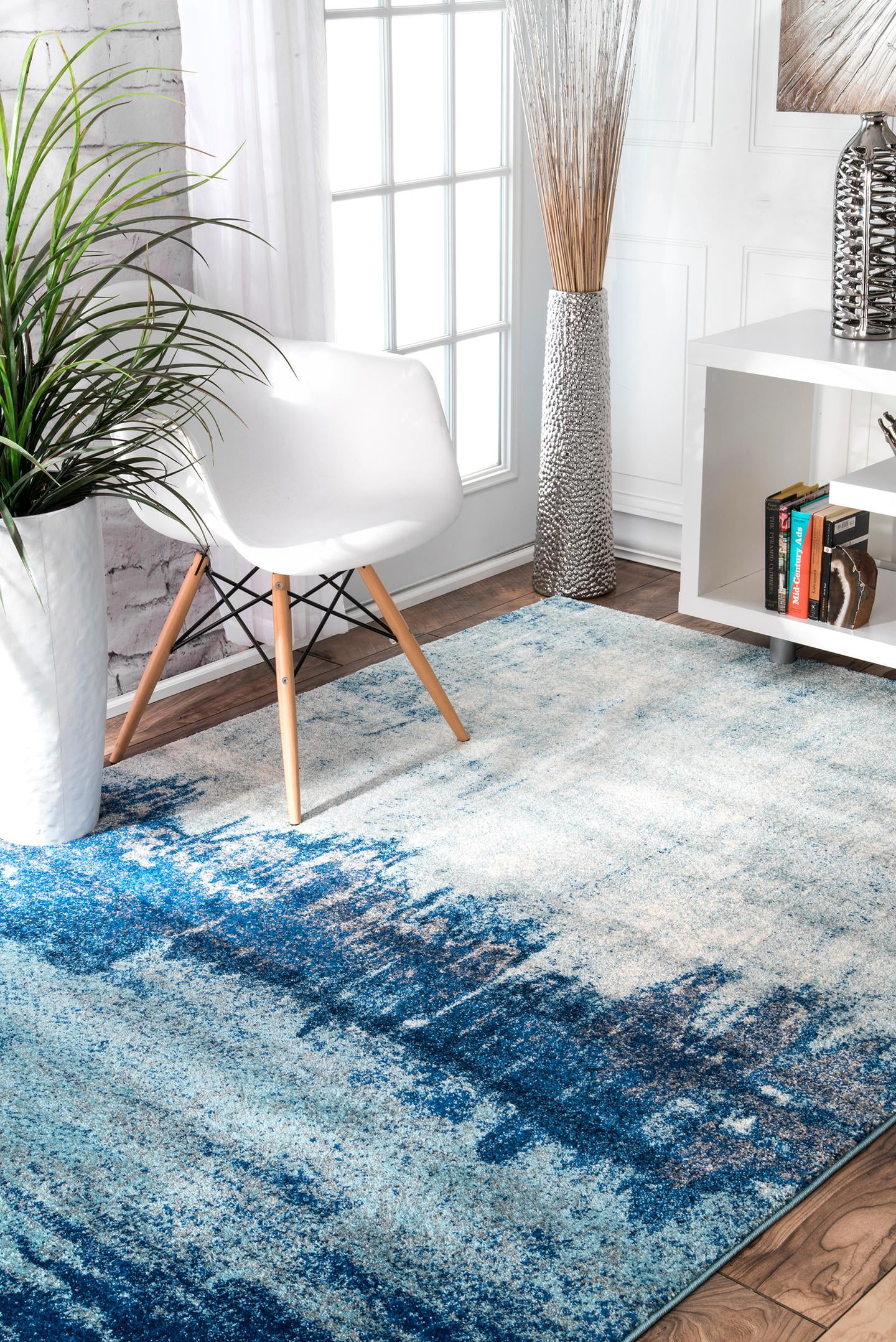 Blue Abstract 4' x 6' Stain-Resistant Synthetic Area Rug