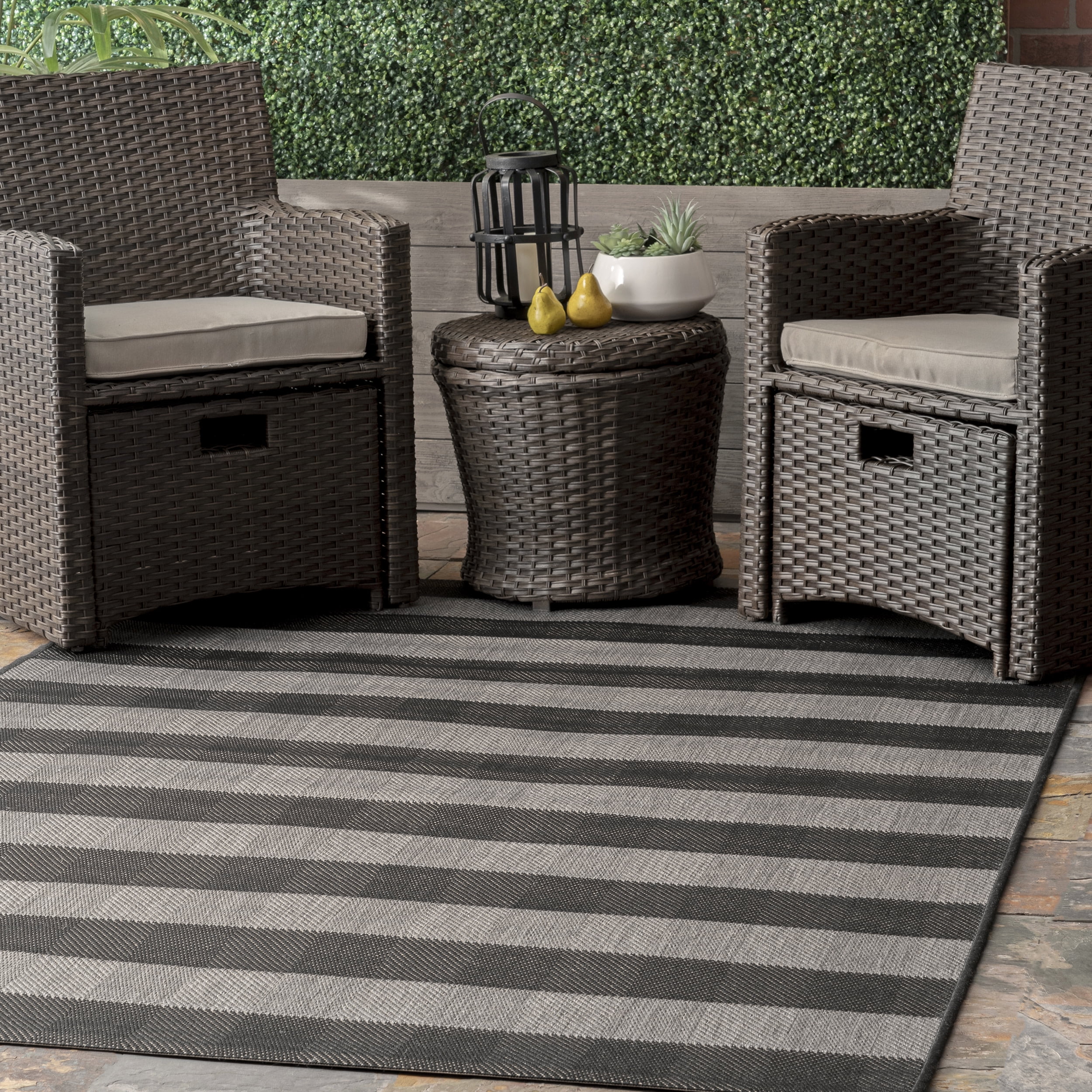 Black and Light Gray Striped Synthetic Rectangular Area Rug, 5'3" x 7'6"