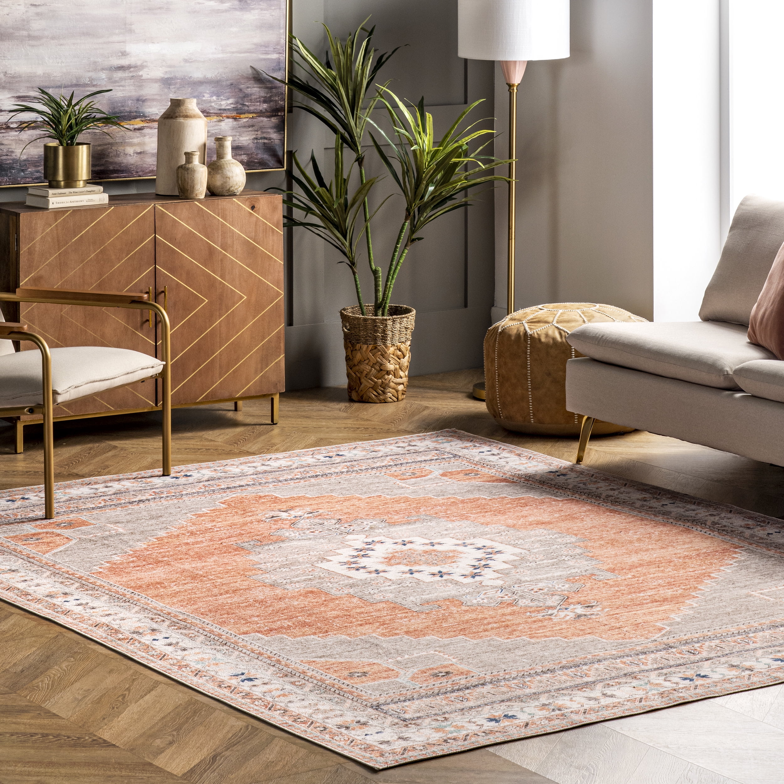 Alicia Gray and Rust Synthetic Medallion Washable 4' x 6' Area Rug