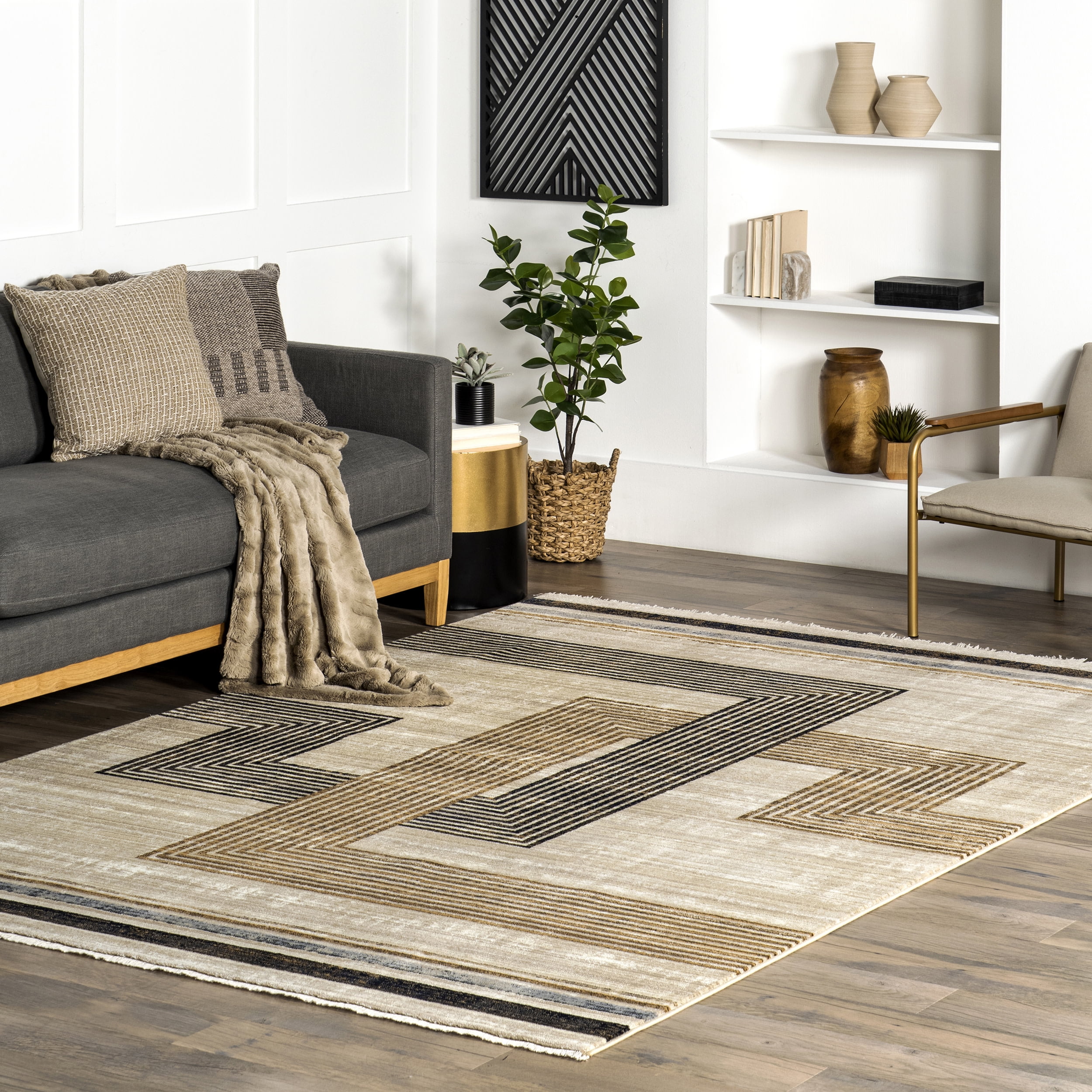 Beige and Black Synthetic Rectangular Striped Area Rug, 8' 10" x 13'