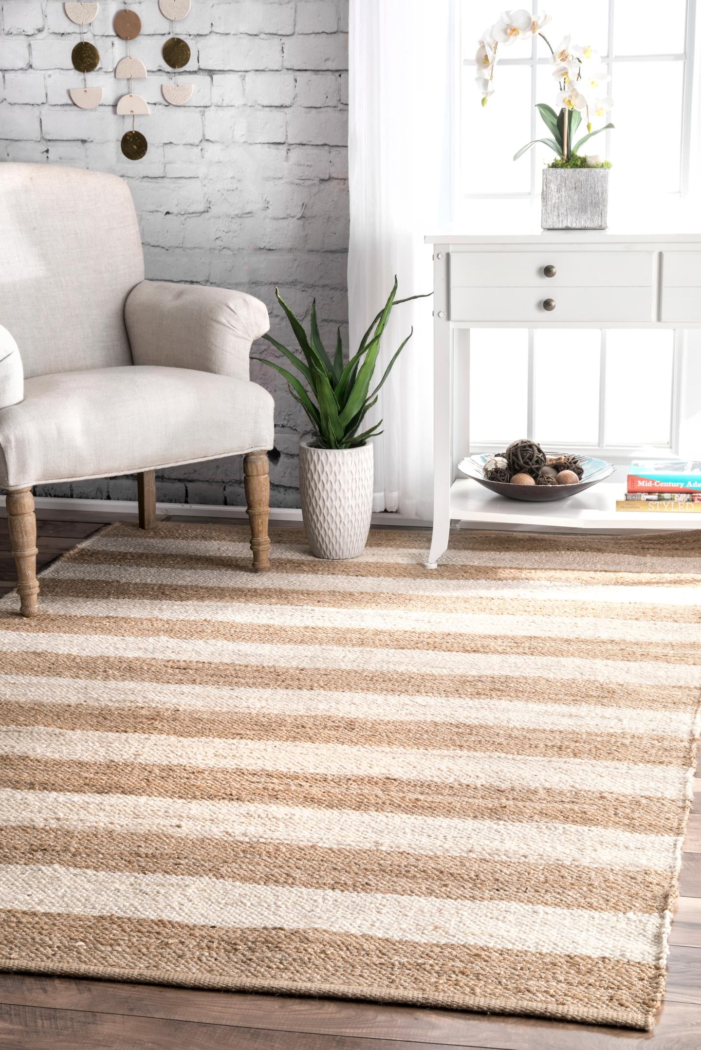 Off-White and Beige Striped Jute Cotton 3' x 5' Area Rug