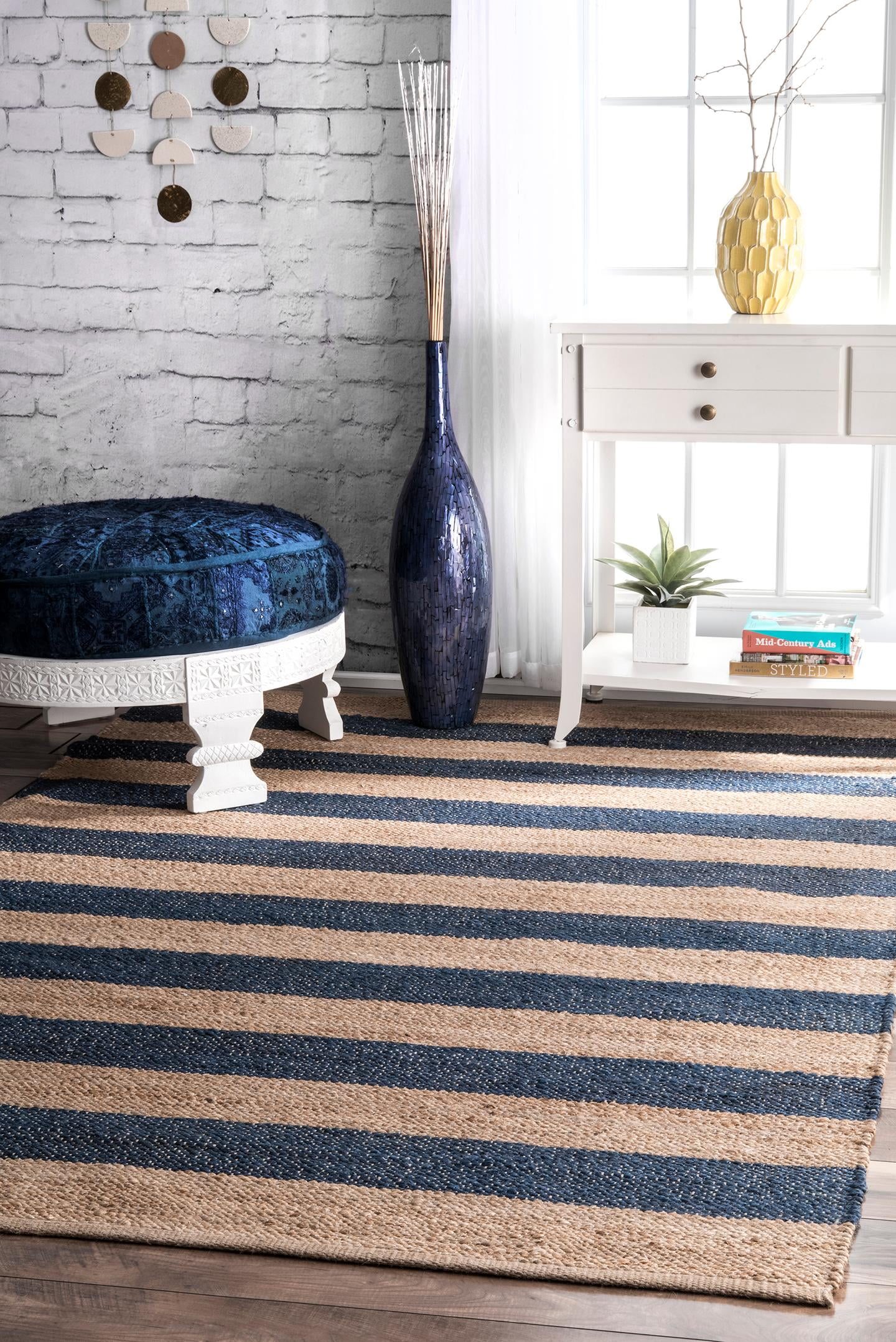 Denim and Tan Striped 4' x 6' Jute and Cotton Flatweave Rug