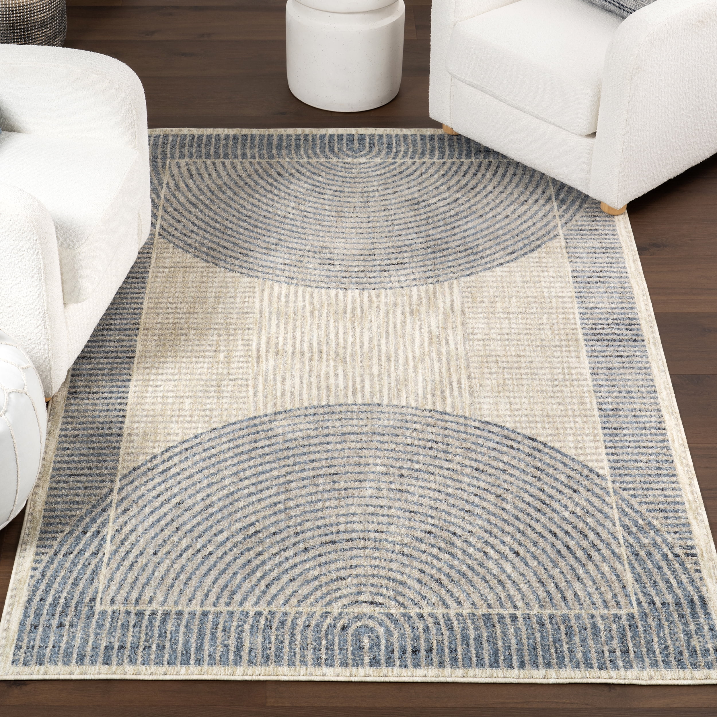 Blue and Beige Geometric 4' x 6' Synthetic Area Rug