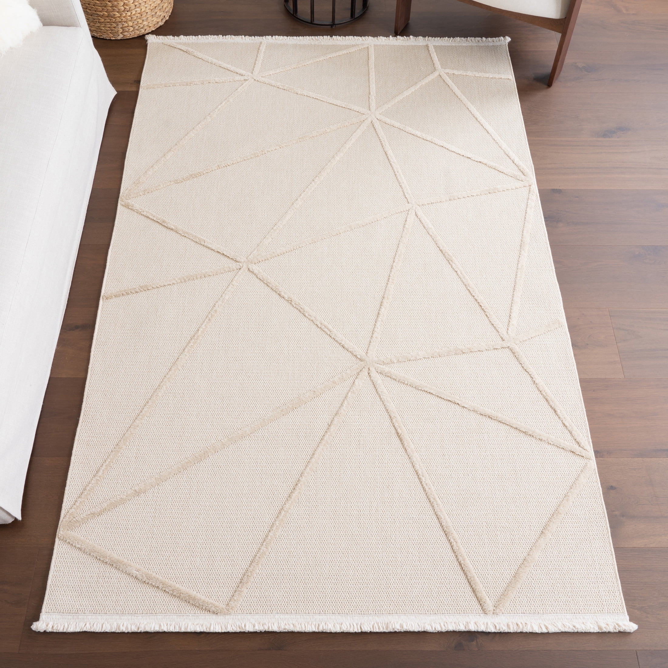 Anica Light Beige Geometric Fringe Synthetic Area Rug, 8' x 10'