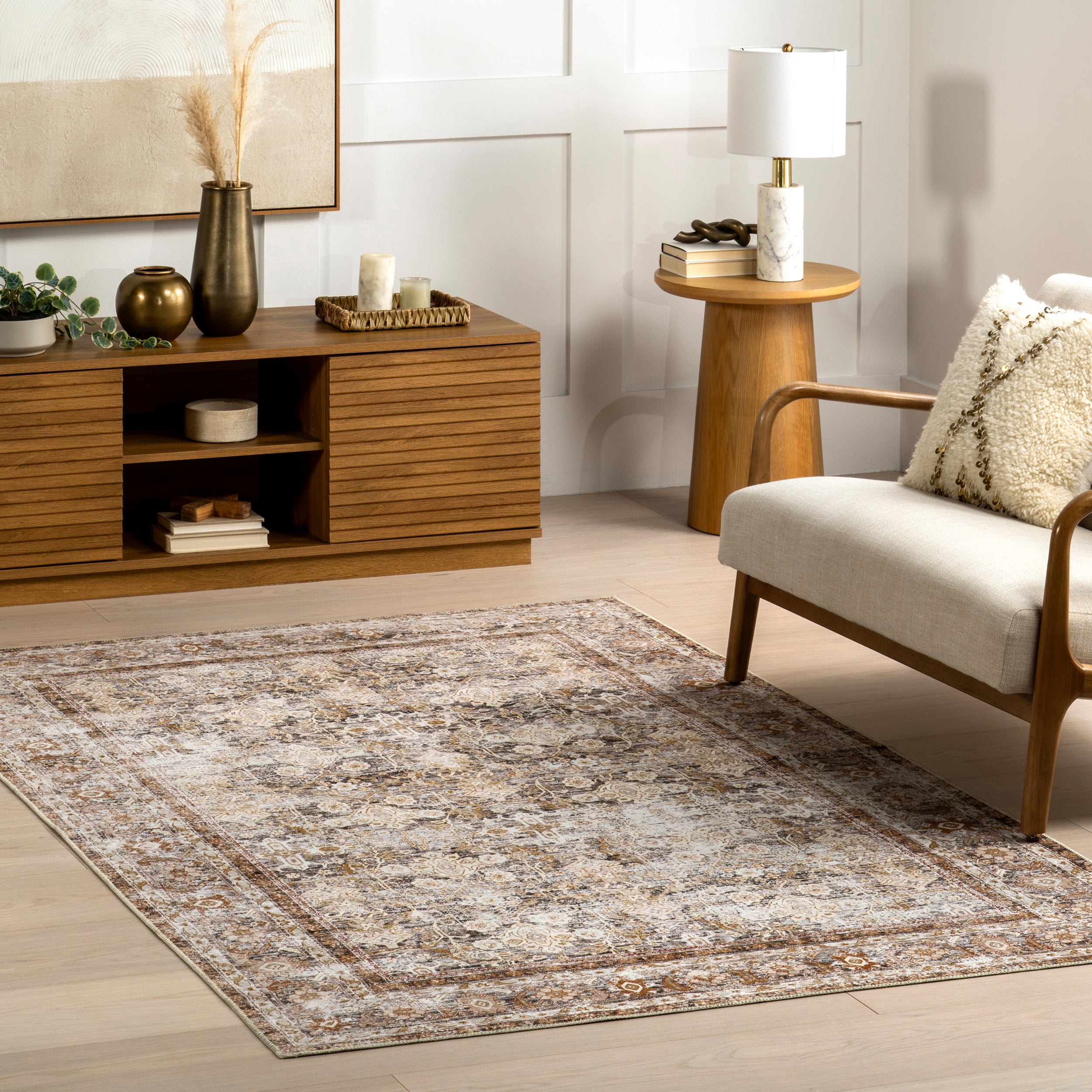 Anise Ivory Floral Rectangular Washable Synthetic Area Rug