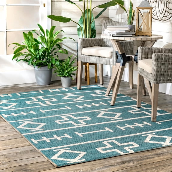 nuLOOM Annevoie Ethnic Symbols Indoor/Outdoor Area Rug, 5' 3" x 7' 6", Aqua