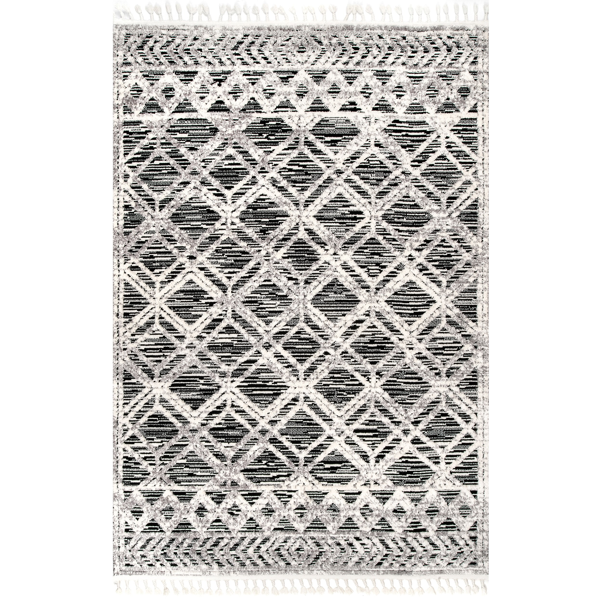 Gray Moroccan Lattice Tassel Rectangular Area Rug