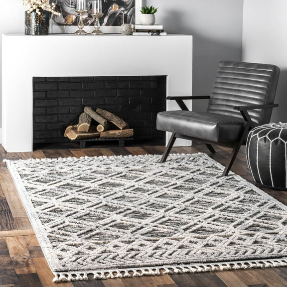 nuLOOM Ansley Moroccan Lattice Tassel Grey 7' 10" x 10' 10" Modern Area Rug