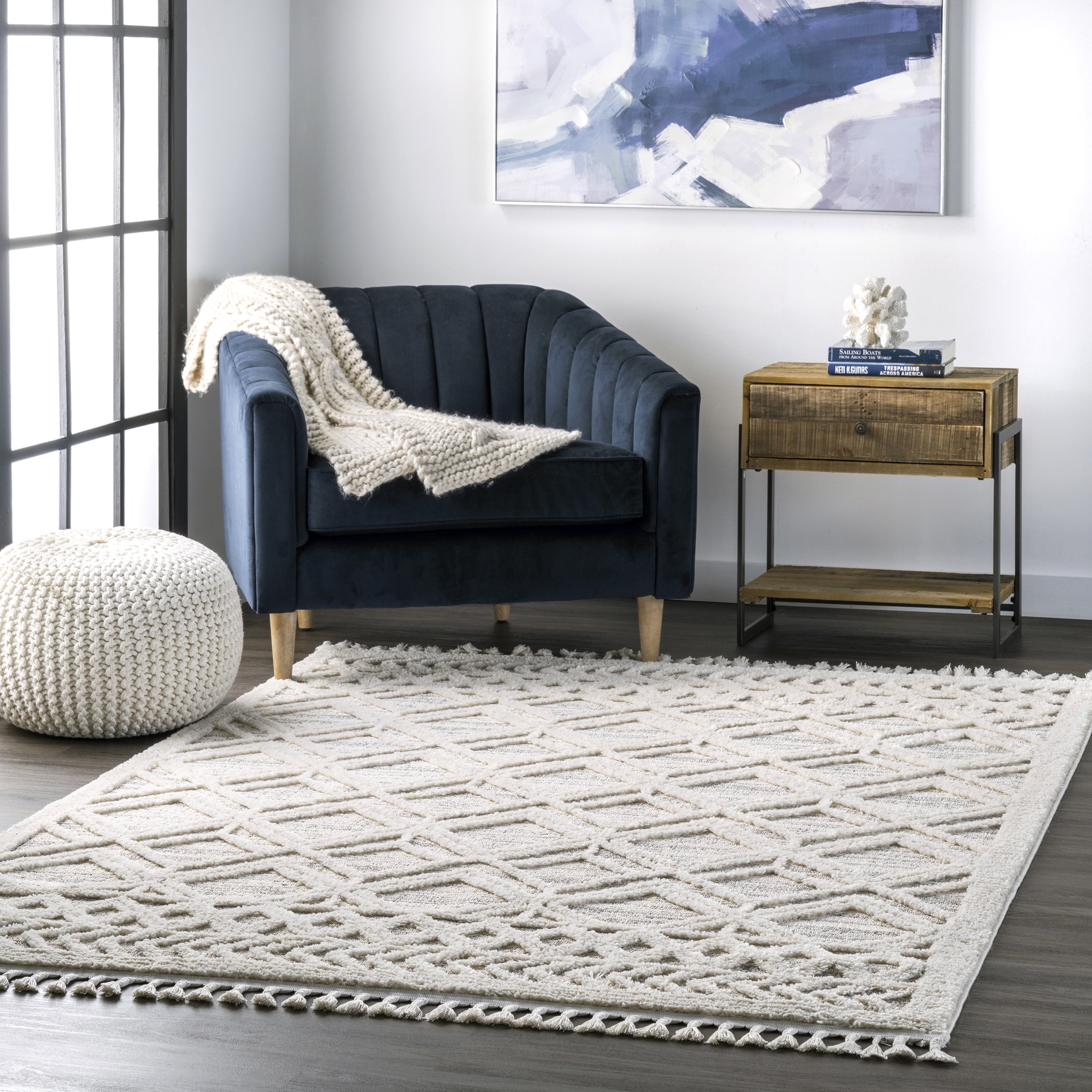 Light Grey Moroccan Lattice Tassel Shag Area Rug
