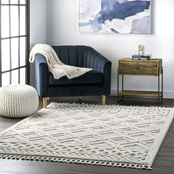 nuLOOM Ansley Moroccan Lattice Tassel Light Grey 2' x 3' Modern Area Rug