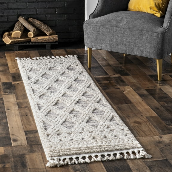nuLOOM Ansley Moroccan Lattice Tassel Light Grey 2' x 6' Modern Runner Rug