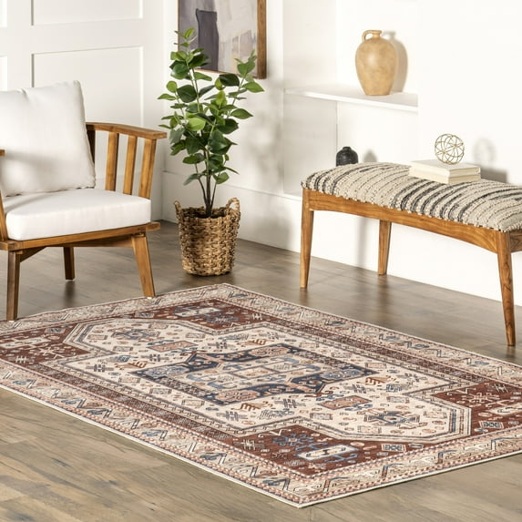 nuLOOM Órla SpinClean Tribal Bordered Machine Washable Area Rug, 4' x 6', Órla Rust