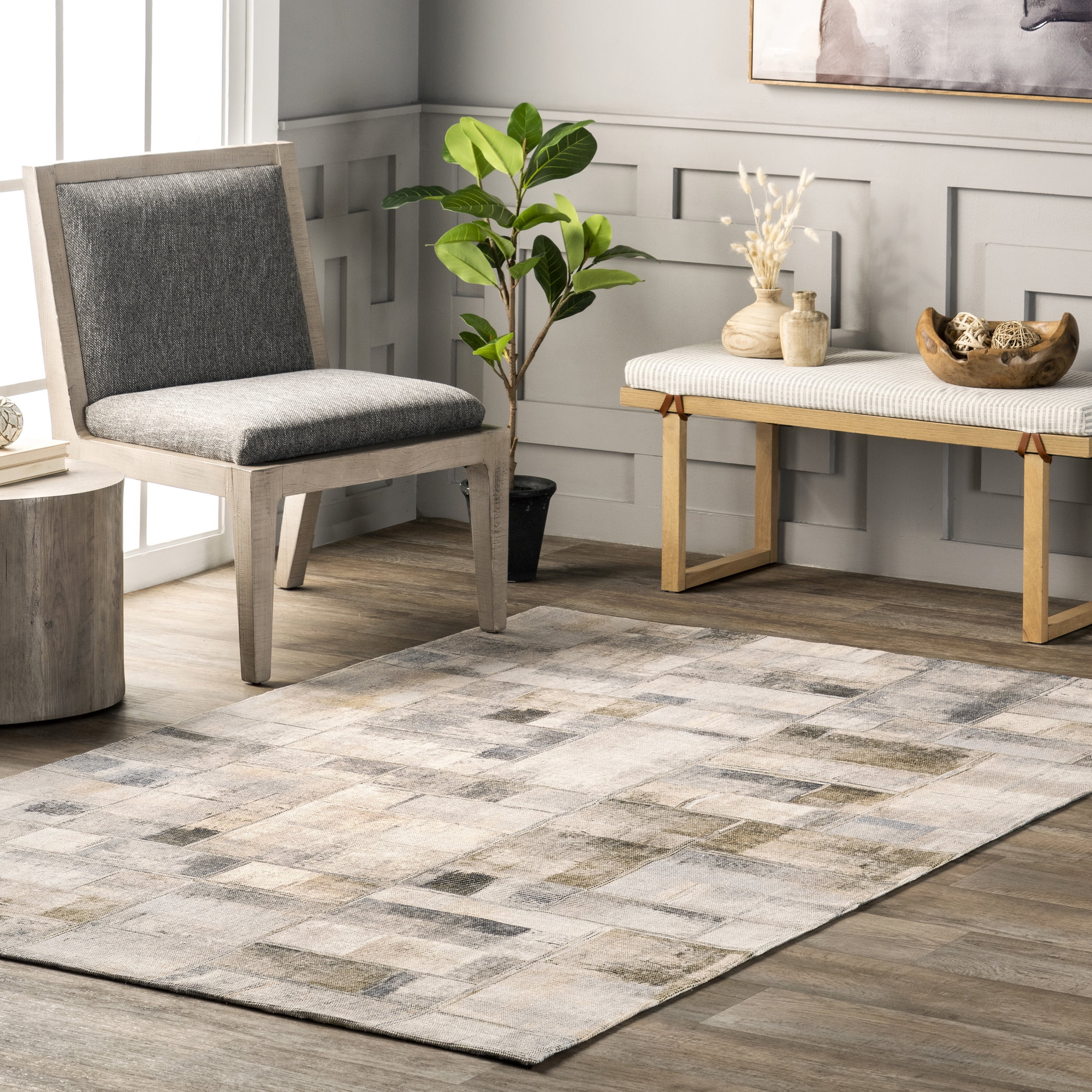 Gray Abstract Synthetic Easy Care Area Rug, 5' x 8'