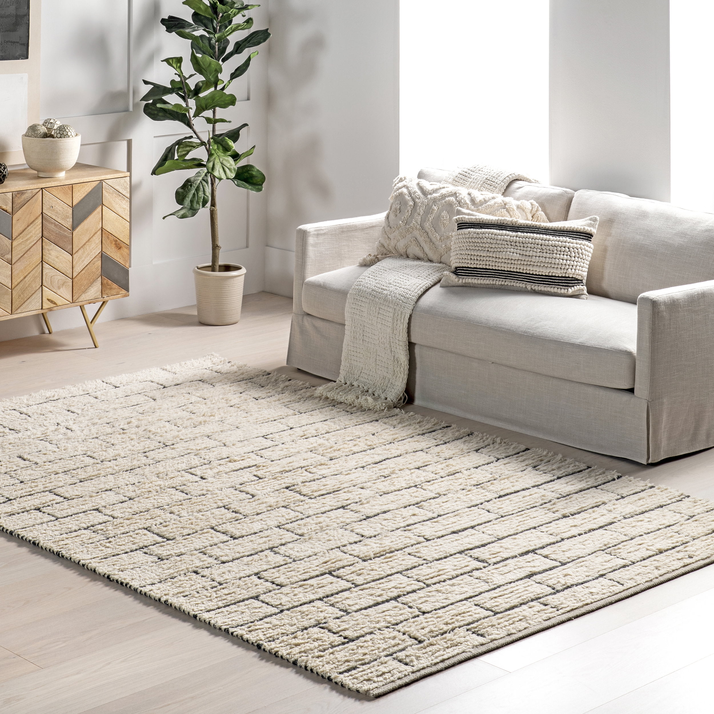 Ivory Geometric Brick Pattern Wool Blend Area Rug