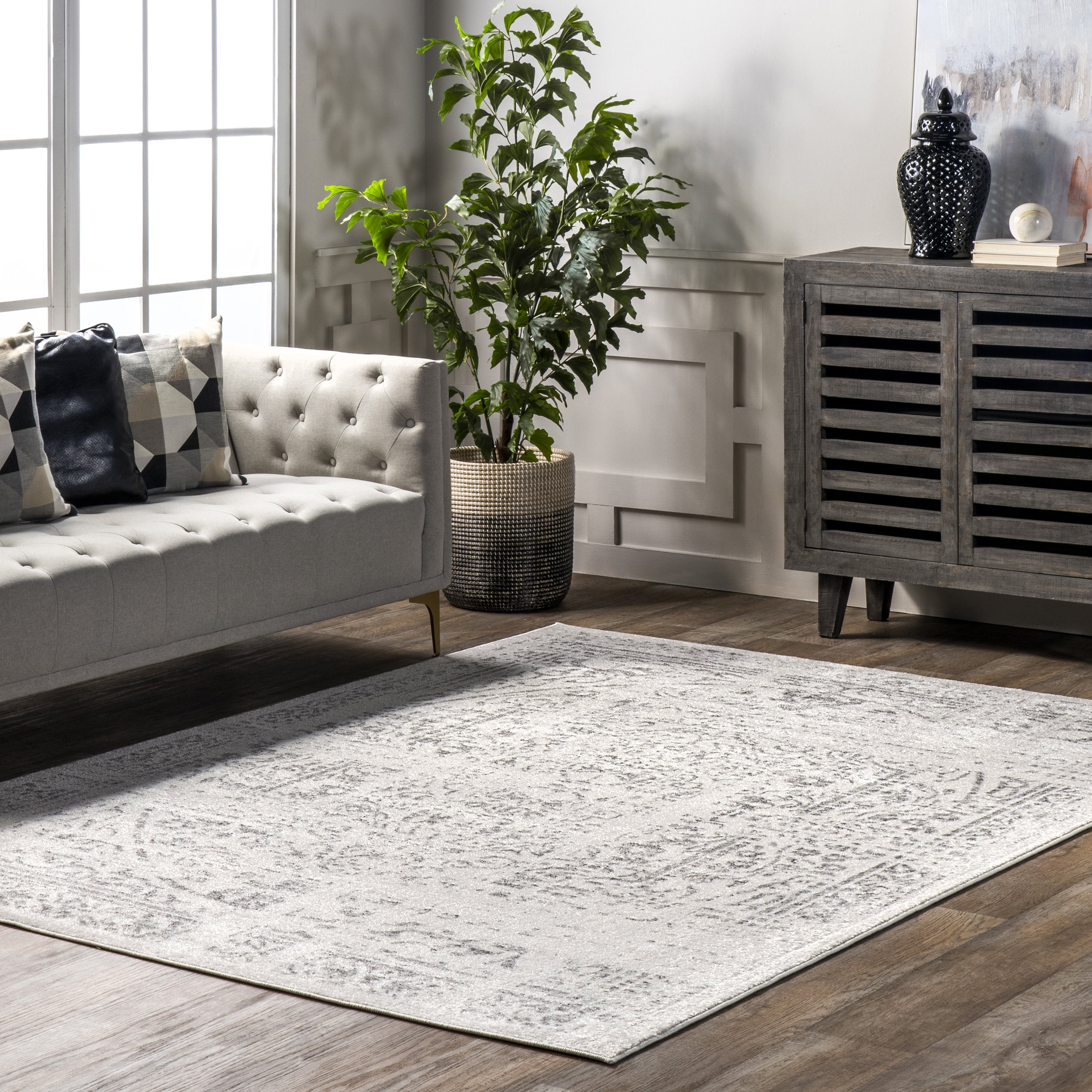 Elysian Distressed Gray Synthetic 62"x26" Easy-Care Area Rug