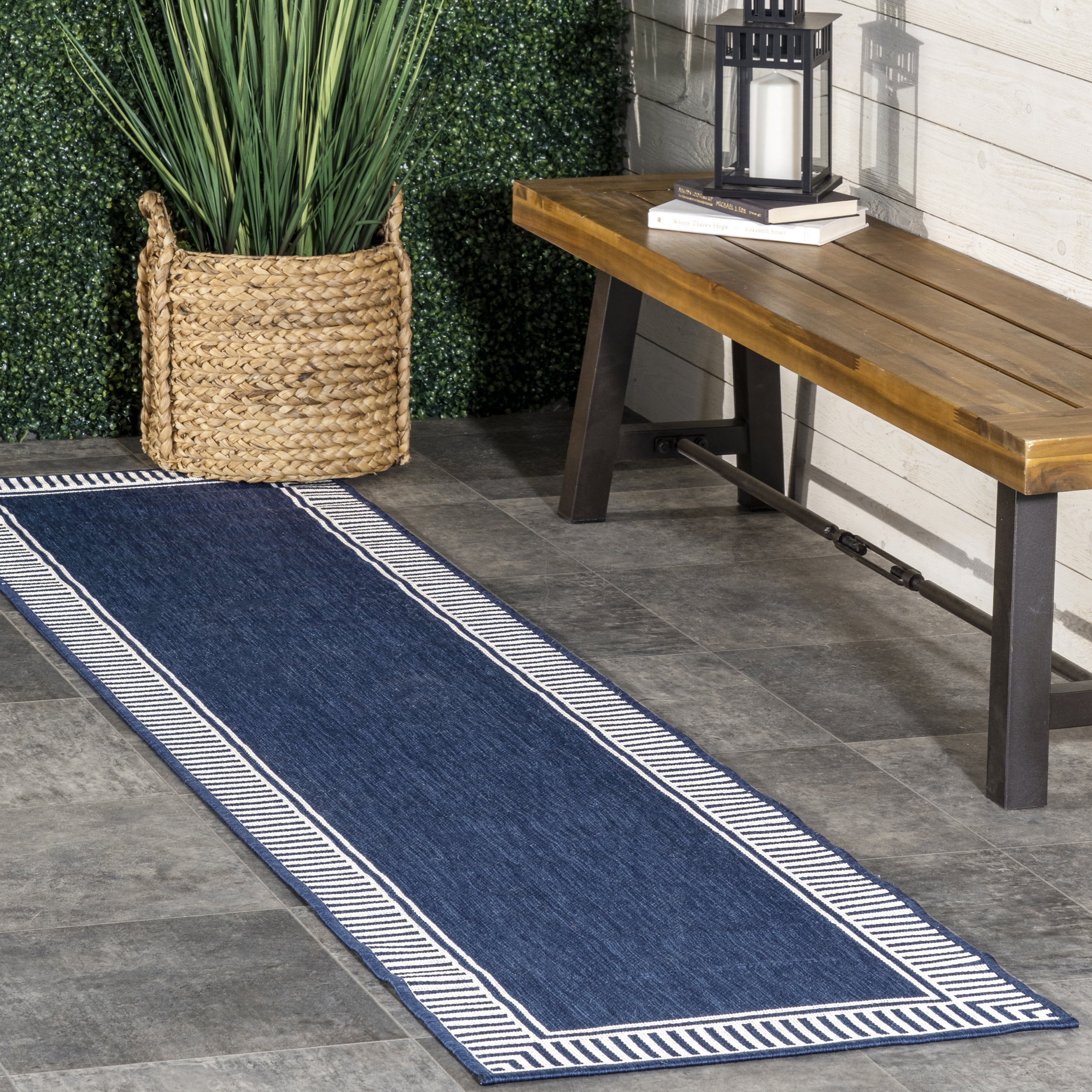Navy and White Striped Synthetic 2' x 8' Runner Rug