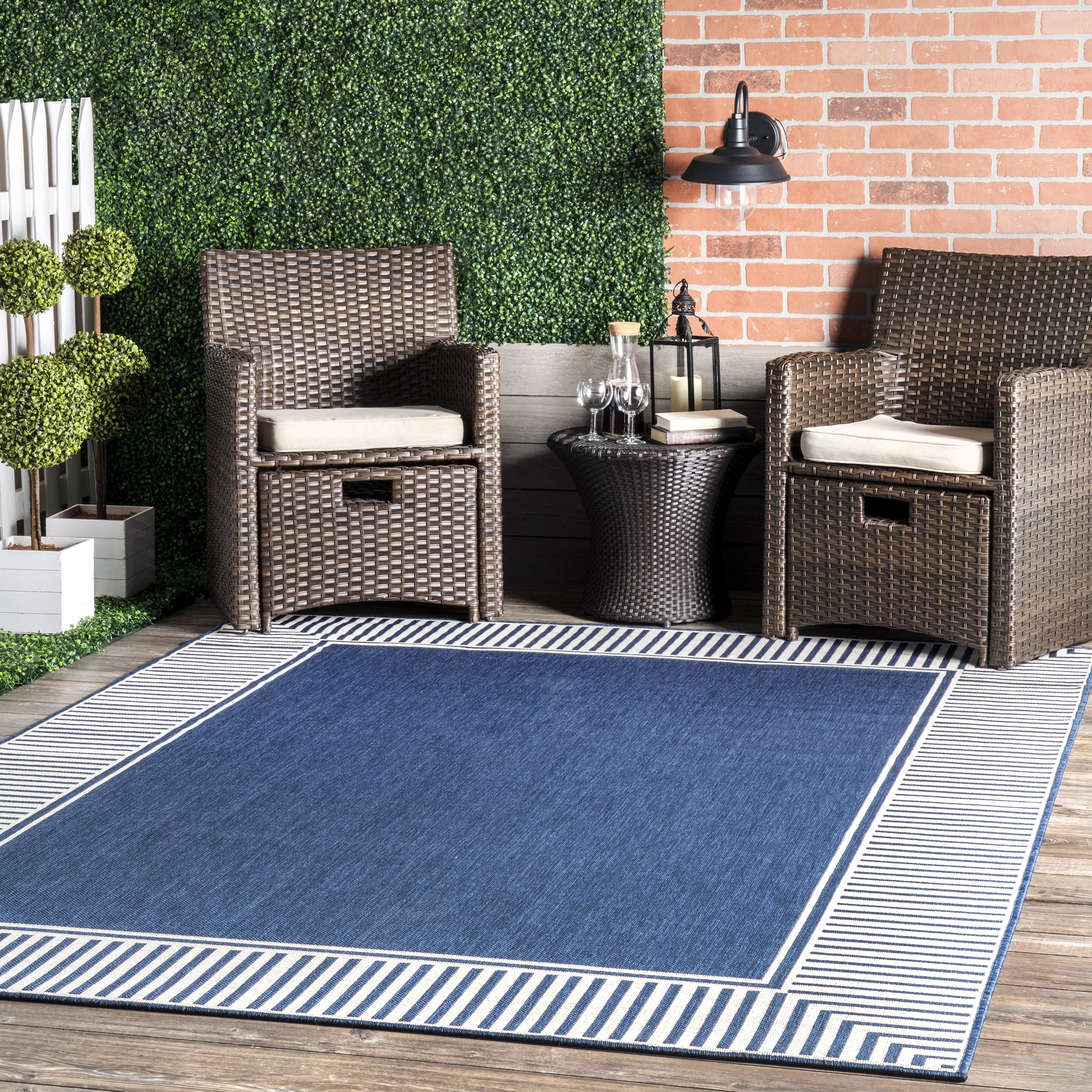 Navy and White Flat Woven Square Synthetic Indoor/Outdoor Rug