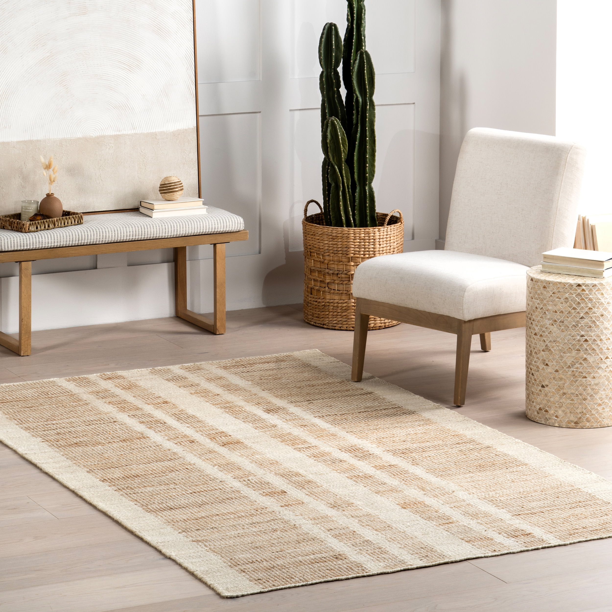 Handmade Natural Jute Rectangular 4' x 6' Striped Area Rug