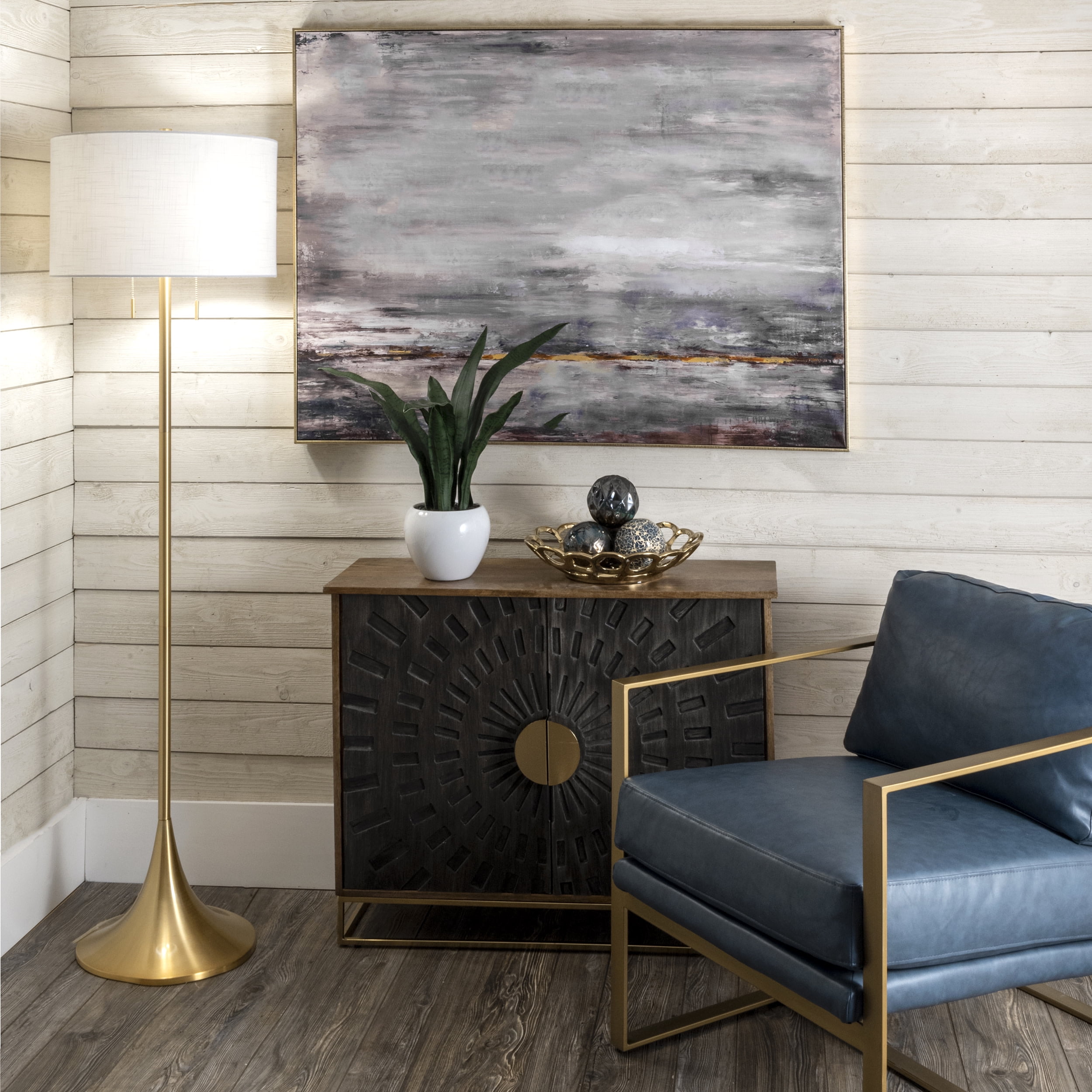 Gold Metal Floor Lamp with White Fabric Shade, 64" Height