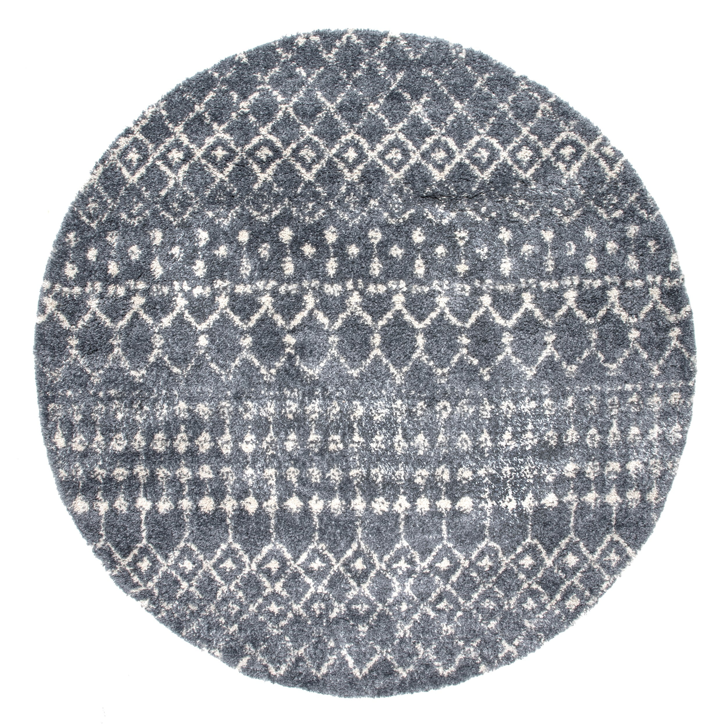 Gray and Ivory Round Moroccan Trellis Shag Area Rug