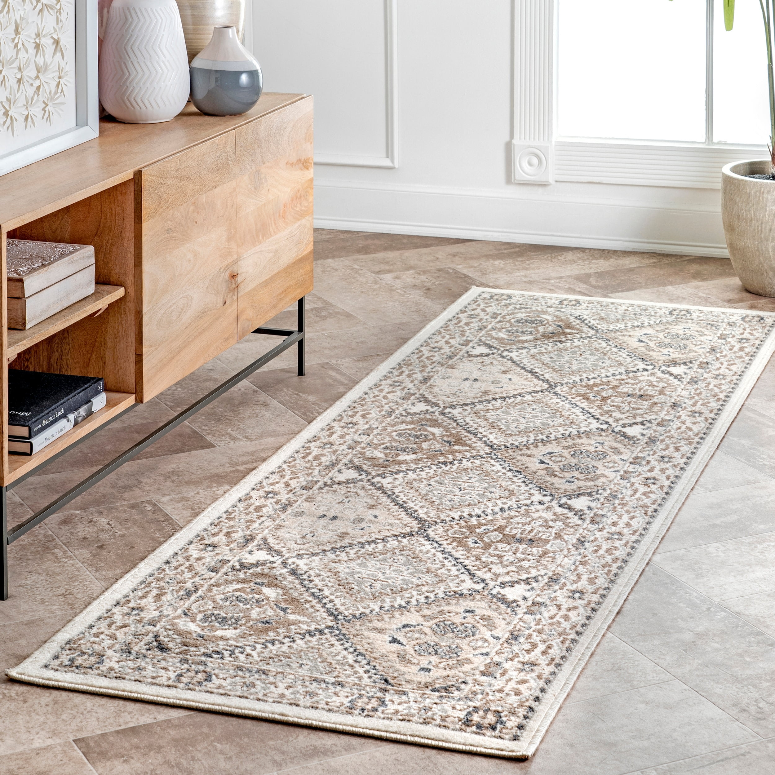 Becca Beige Synthetic Traditional Tiled Runner Rug