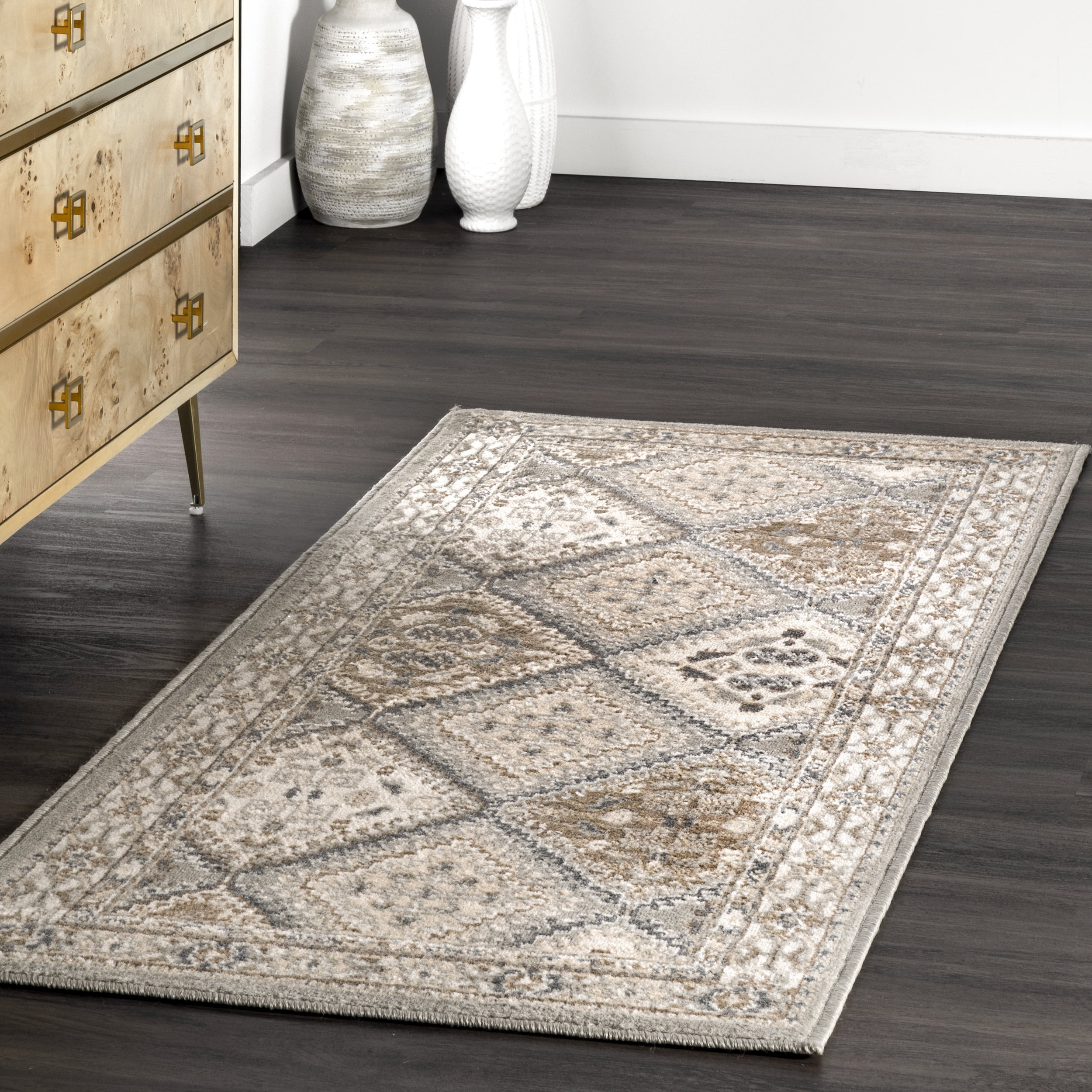 Becca Gray and Taupe Traditional Tiled Runner Rug