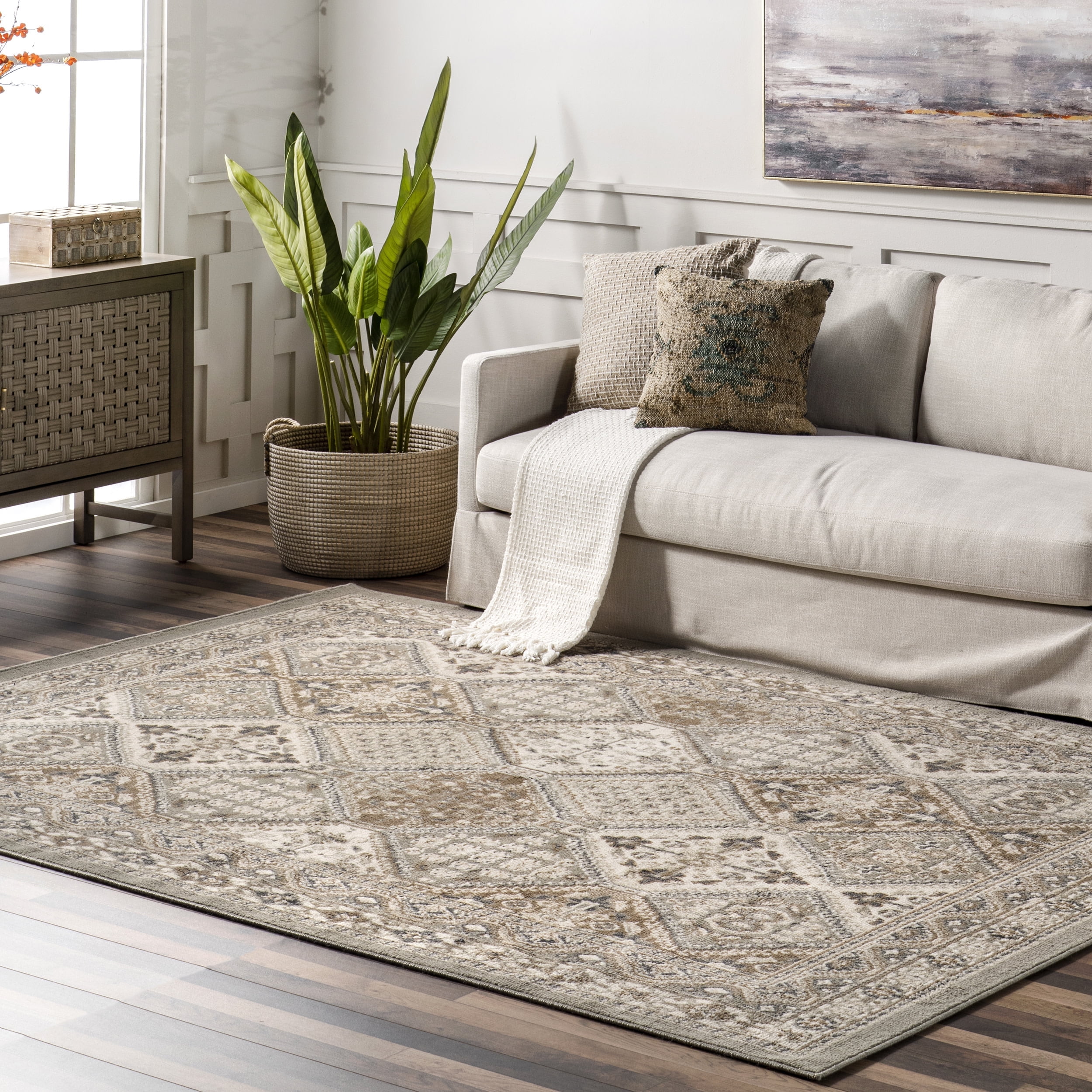 Gray and Taupe Synthetic 4' x 6' Traditional Tiled Area Rug