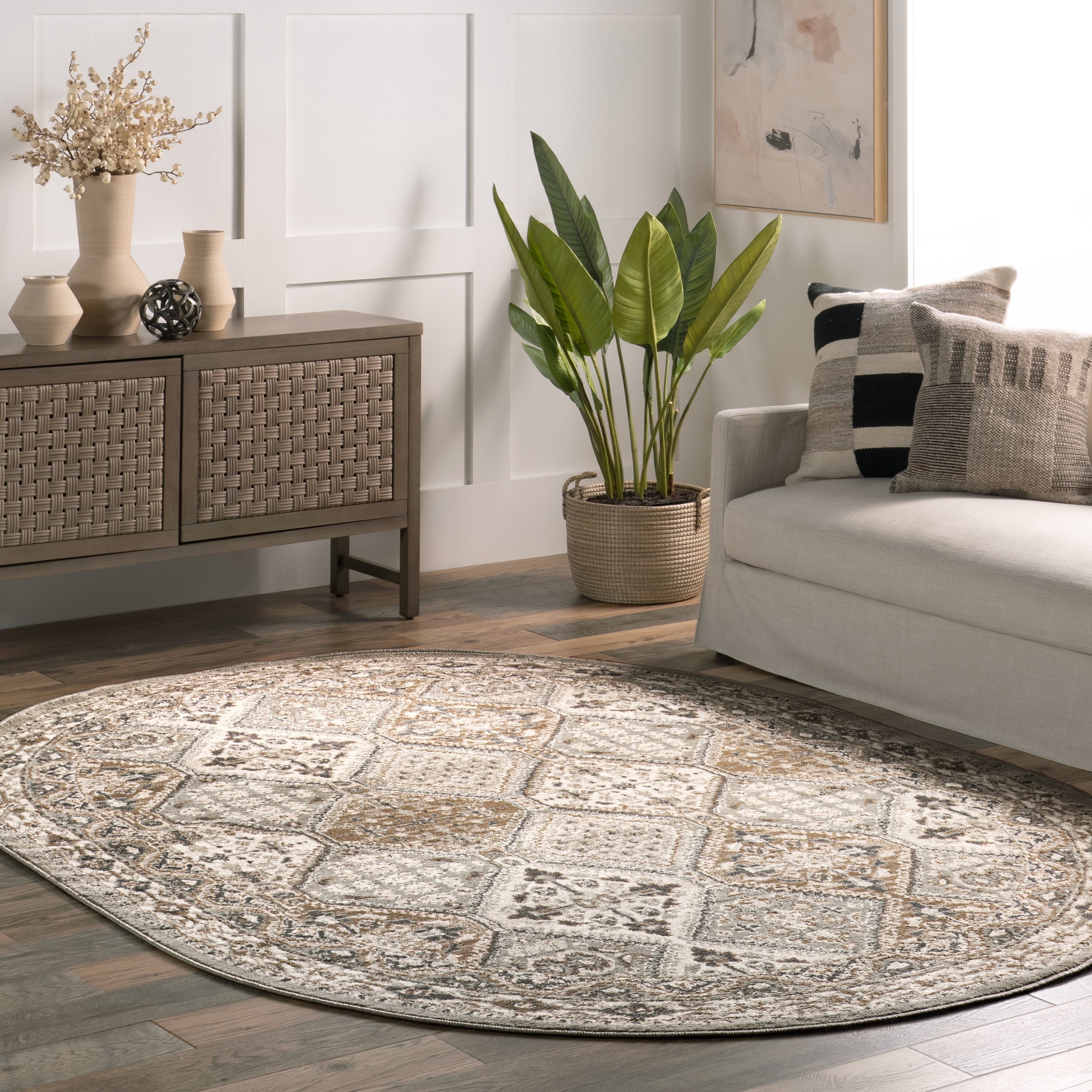 Tiled Rugs nuLOOM Becca Traditional Tiled Taupe Oval Rug - 4 x 6 Rug - Walmart.com